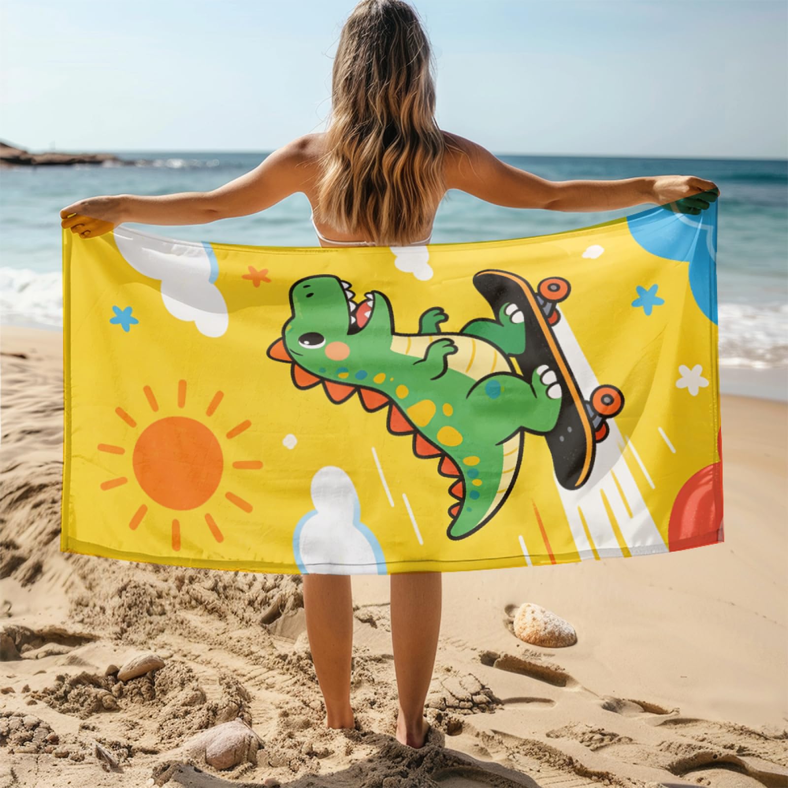 Fouta PlageÉtoile De Mer Jaune Coquille Rose Modèle Surdimensionné avec Diverses Tailles, Respirante et Portable, Parfaite pour Voyages Sorties Piscine et Usage Extérieur Quotidien 90x160 cm