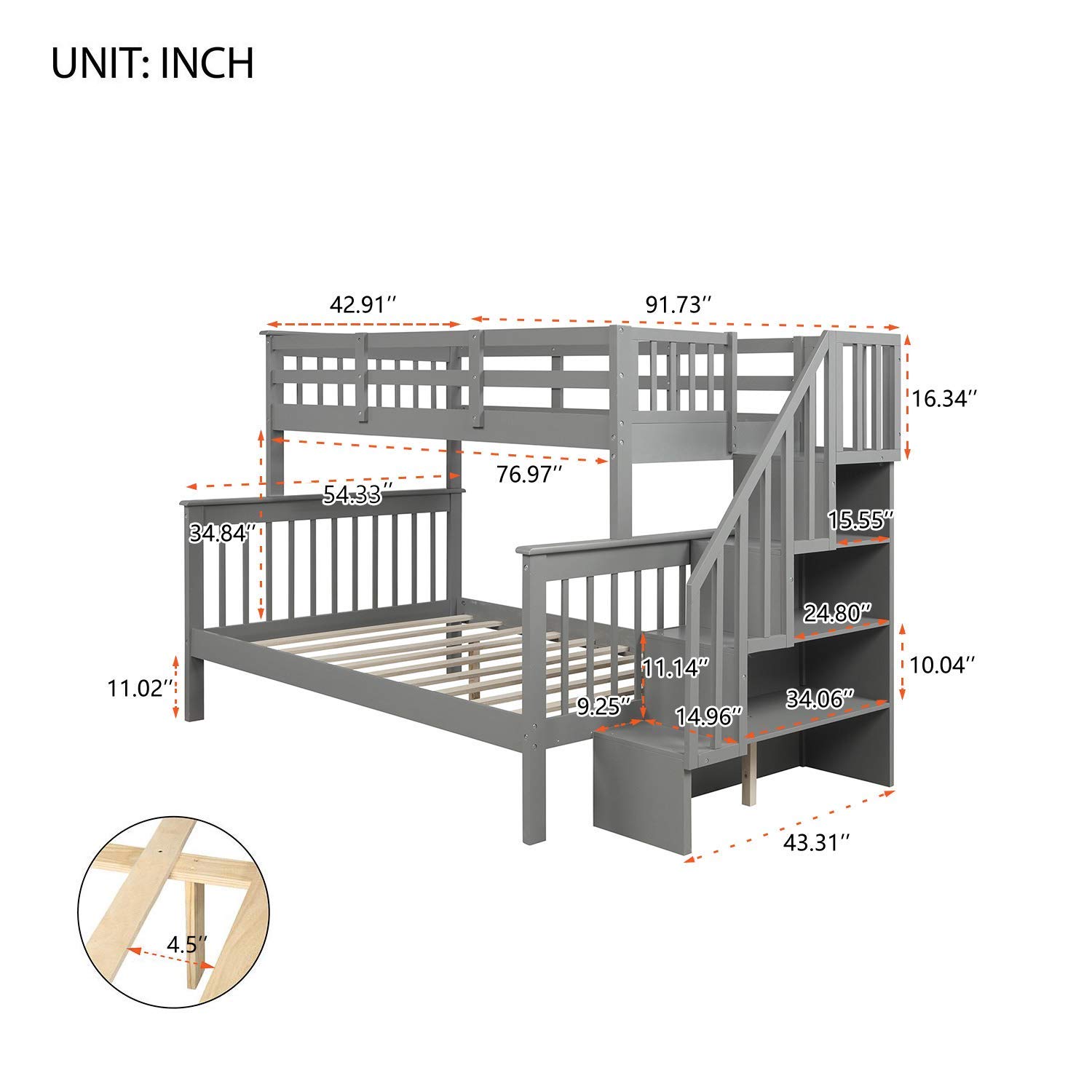 Buy Low Bunk Bed with Staircase, Twin Over Full Bunk Bed with Storage