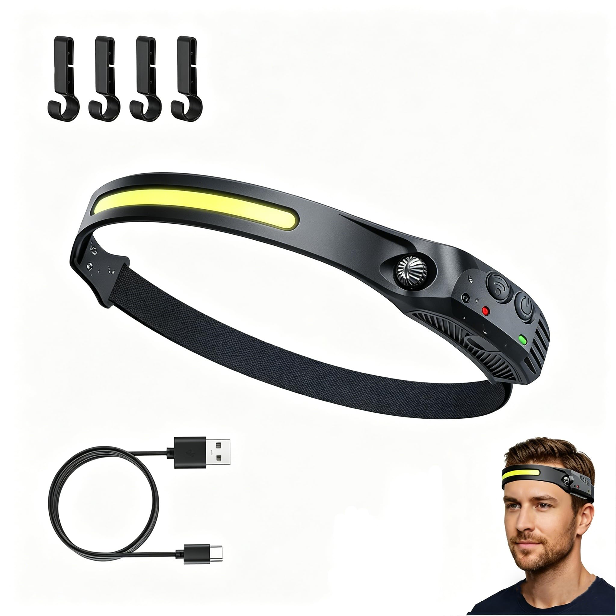 VIVIZEN Ultralight 98g COB LED Head Torch Rechargeable 230 Wide Angle Motion Sensor Headlamp with Red White Light Waterproof Headlight for Fishing Night Hiking Readin