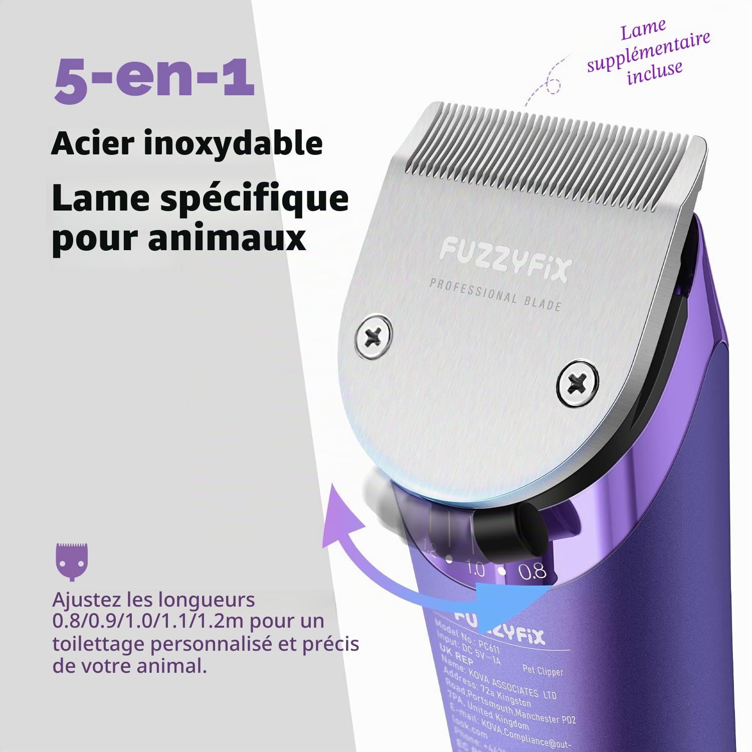 Tondeuse pour chien avec lame de rechange, kit de toilettage sans fil 5 en 1 à lame réglable, tondeuse rechargeable à 2 vitesses avec peignes métalliques amovibles pour animaux et chevaux