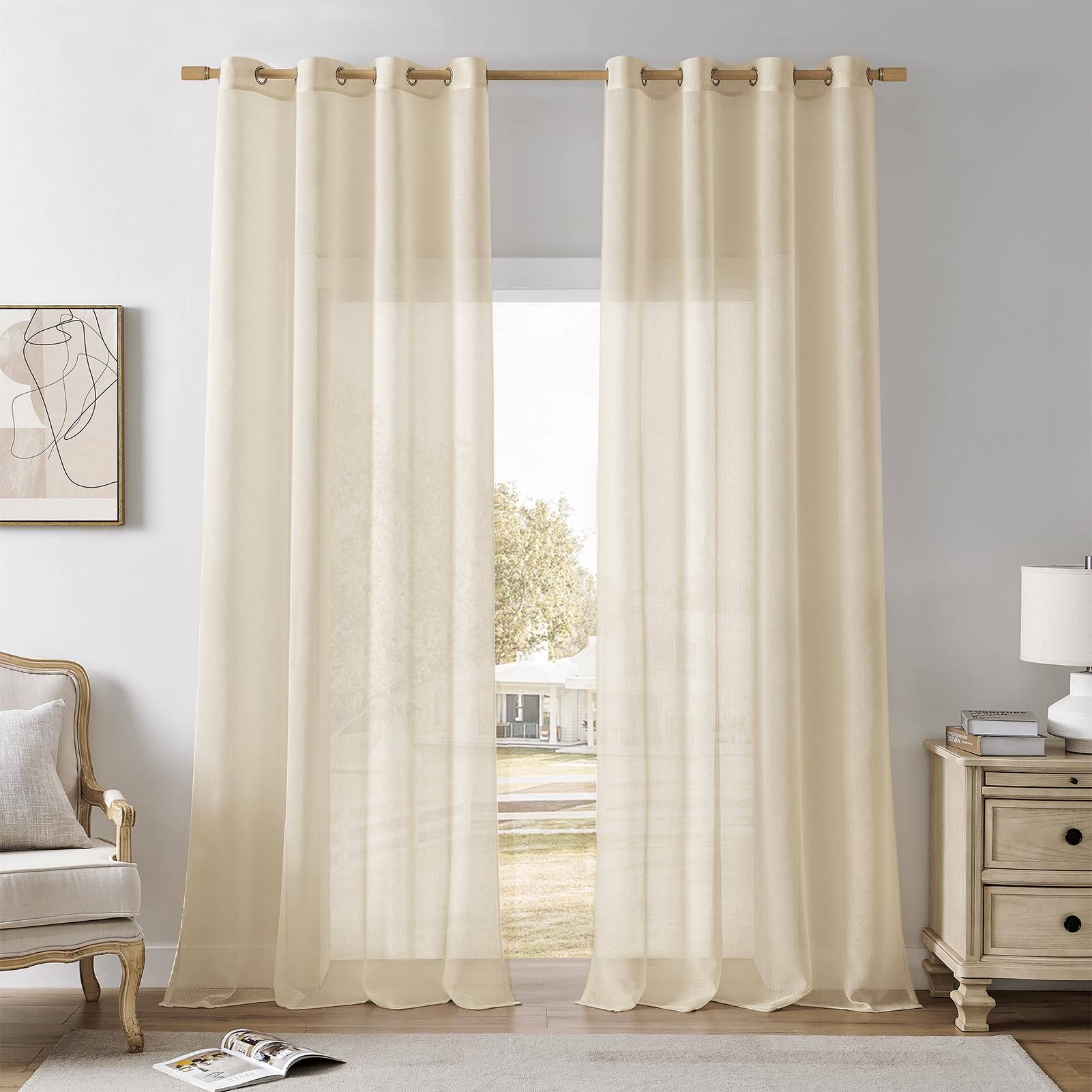 Voilages en effet lin beige rideaux 140x245 pour fenêtre salon et dressing