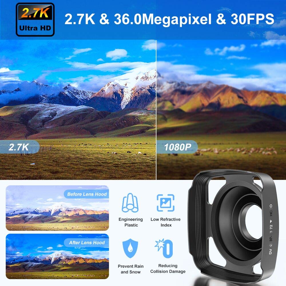 Videocamera Digitale Ultra HD 2.7K UHD 36MP per vlogging per Youtube IR Night Vision 3.0 "LCD Touch Screen 16X zoom digitale con registratore palmare stabilizzatore per microfono, 2 batterie