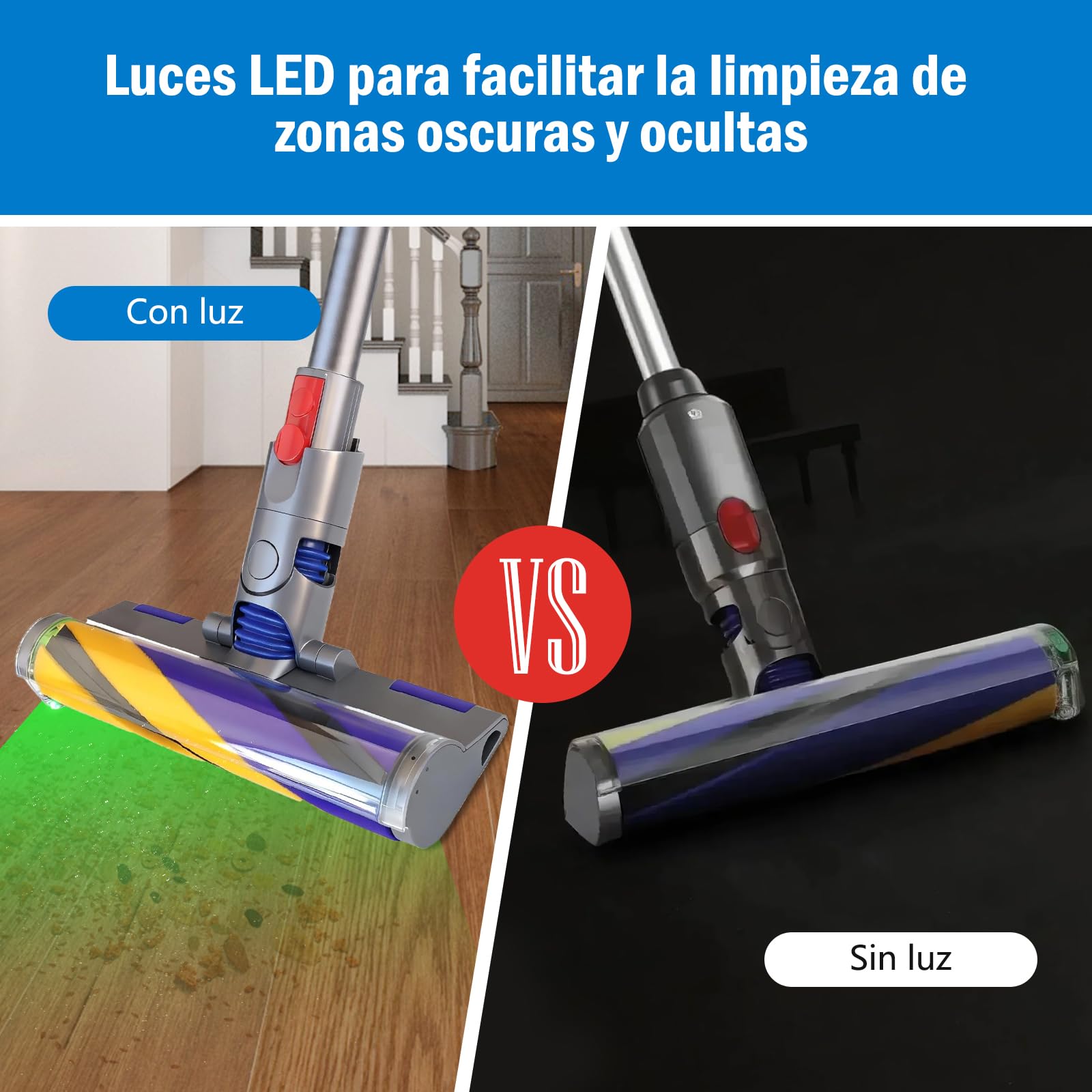 Cepillos para aspiradoras Dyson V12 Detect Slim y Dyson V10 Digital Delgado. Estos cepillos cuentan con cerdas suaves y una luz LED verde de cobertura completa. para parquet y moquetas.
