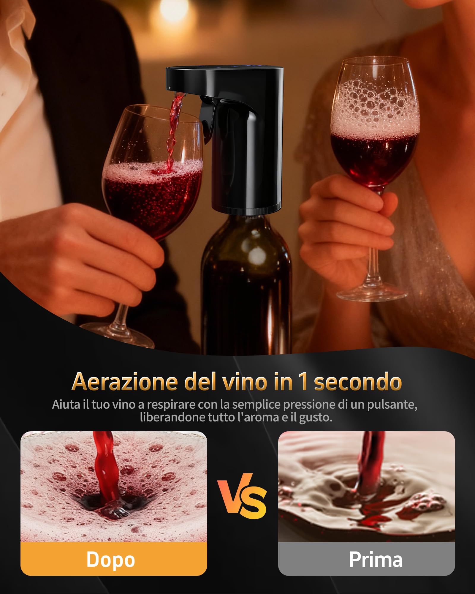 Regalo per la Festa della Repubblica - 5-in-1 Decanter Elettrico Vino & Erogatore Liquori Smart | Aeratore Auto con Dosaggio 1-999ml | Per Appassionati di Vino, Whisky e Host (Nero)