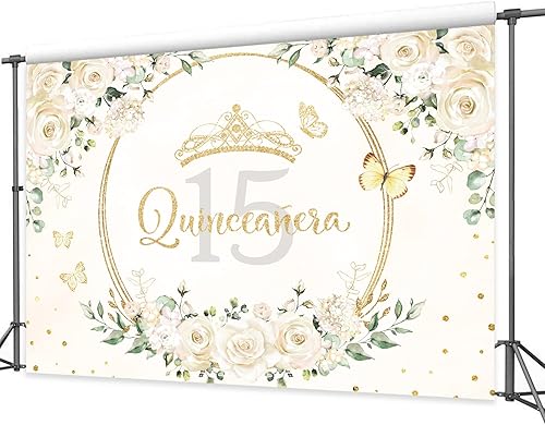 Miniatura 2 de Homewelle Telón de fondo de quinceañera de 7 pulgadas de ancho x 5 pies de alto, tela de poliéster Mis membrillo de 15 años, suministros para