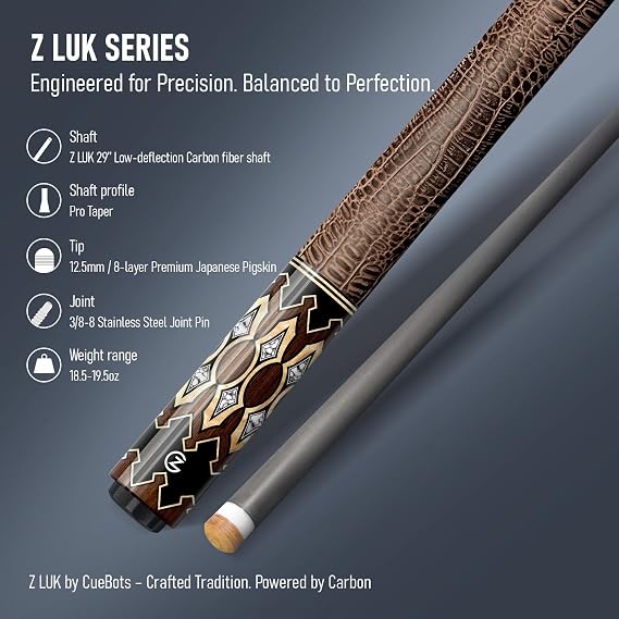 CUEBOTS Z LUK Carbon Fiber Pool Cue Stick, Low Deflection Billiard Cue Sticks 12.5mm Tip, High Performance Carbon Cue for Everyone, 3/8-8 Stainless Steel Joint