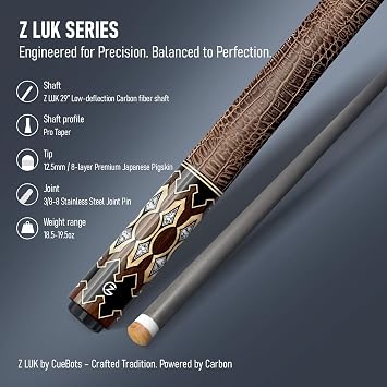 CUEBOTS Z LUK Carbon Fiber Pool Cue Stick, Low Deflection Billiard Cue Sticks 12.5mm Tip, High Performance Carbon Cue for Everyone, 3/8-8 Stainless Steel Joint