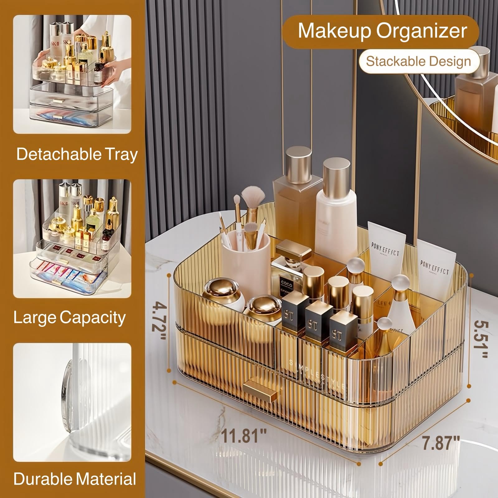 Organiseur de maquillage avec tiroir empilable, vitrine de rangement pour coiffeuse, comptoir de salle de bain ou commode, support de comptoir pour rouge à lèvres, pinceaux, lotions, fard à paupières,