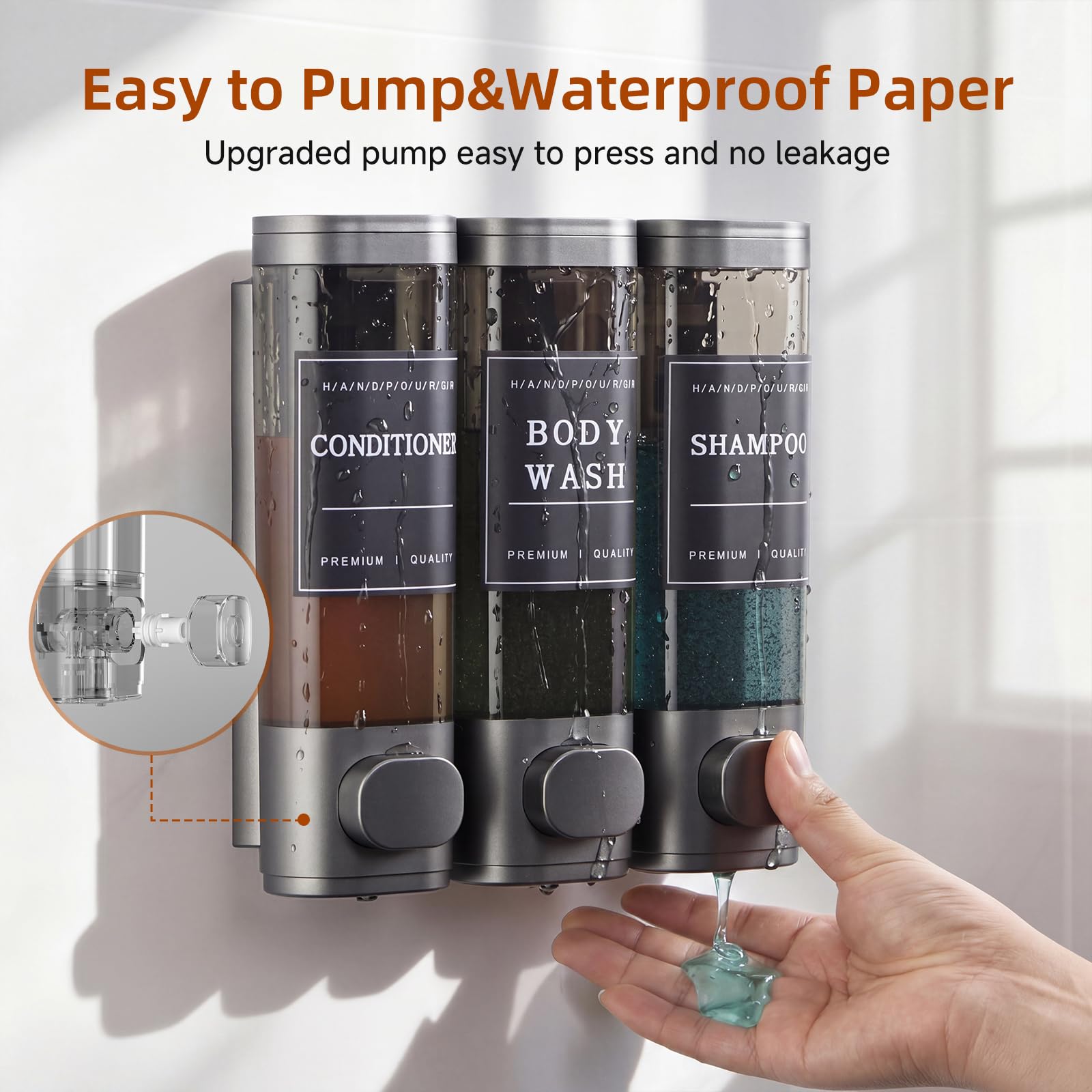 Dispenser per shampoo e balsamo, dispenser di sapone da doccia a 3 camere, senza trapano, dispenser per shampoo a parete per doccia, per bagno e hotel, grande capacità, grigio scuro