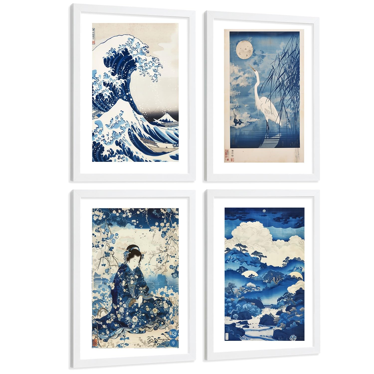 Nacnic Juego De 4 Laminas Decorativas Pared Estilo Japon. Cuadros Salon Modernos - Posters Decorativos Azules Orientales. Arte Japones. Decoración Dormitorios. A4 Marco Blanco