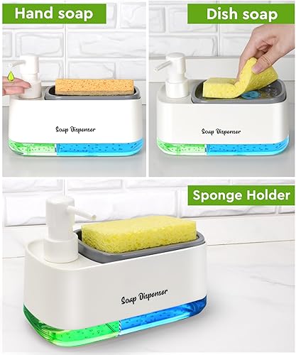 Miniatura 2 de Juego de dispensador de jabón para manos y platos para cocina, dispensador de jabón doble con soporte para esponja, dispensador de bomba de jabón 3