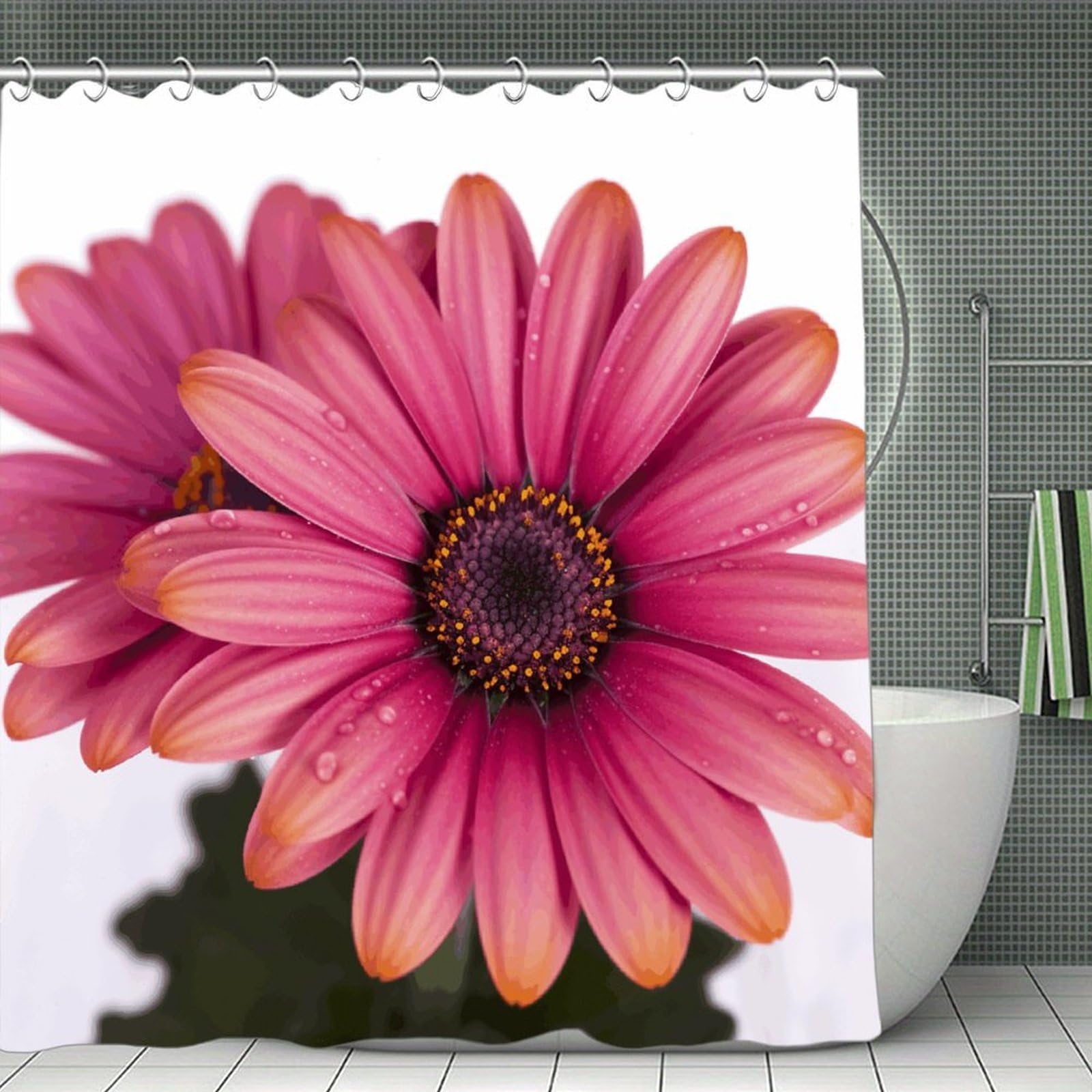 FekiLoot Pink Daisy Flower Shower Curtain with Hooks Modern Farmhouse Bathroom Curtain Waterproof Cloth Bath Curtains Cute Washable Blackout Privacy Curtains for Bathroom Bathtub 70.8"x70.8"