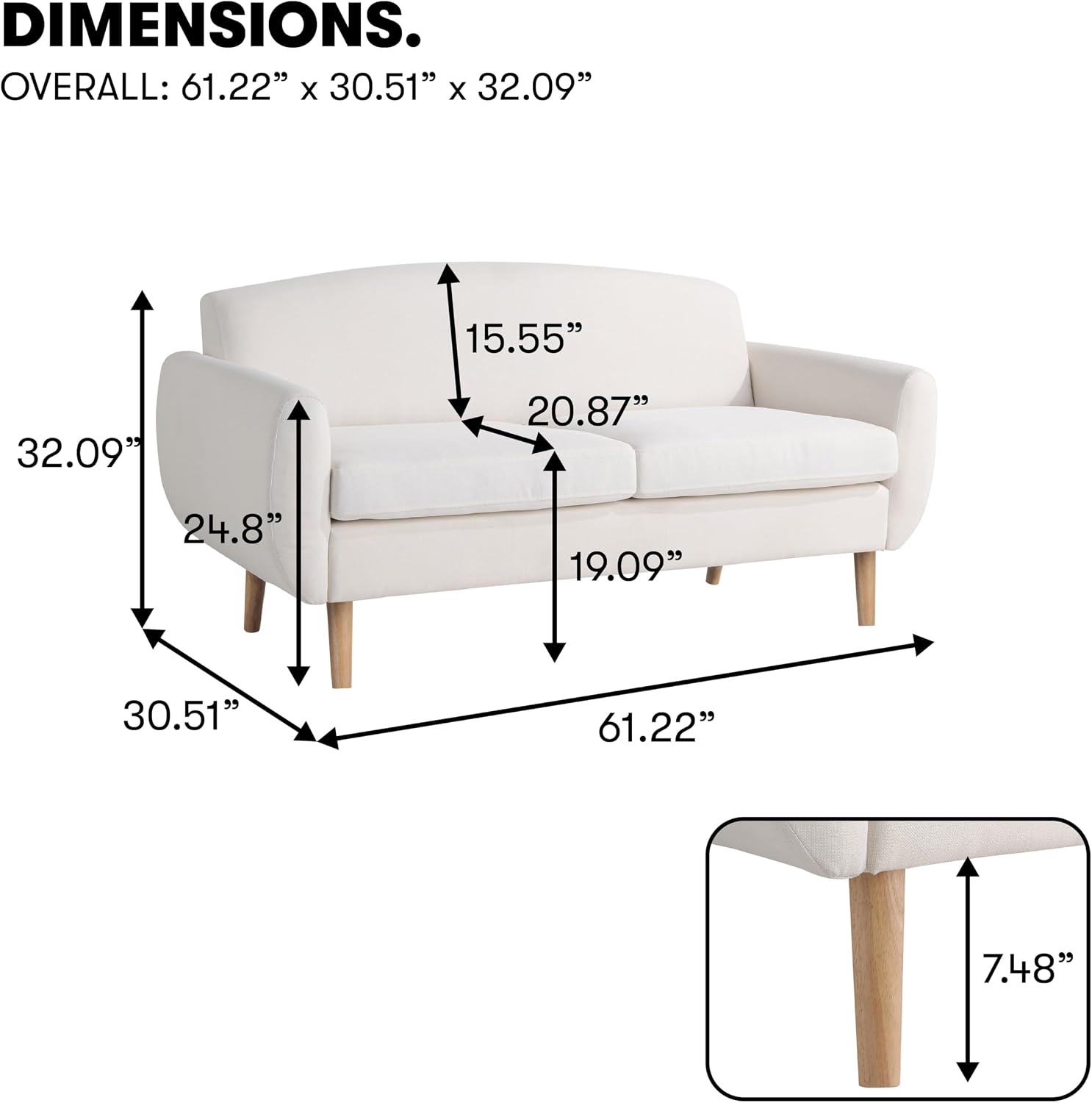 Serta Gatewood 61.2" Modern Boho Sofa, Curved Arms and Back Cushion, Dream Coil Comfort, Solid Wood Legs, Easy Assembly, Woven Polyester Fabric, Cream