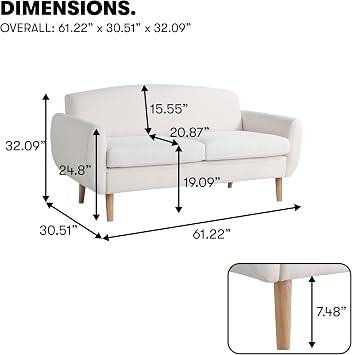 Serta Gatewood 61.2 Modern Boho Sofa, Curved Arms and Back Cushion, Dream Coil Comfort, Solid Wood Legs, Easy Assembly, Woven Polyester Fabric, Cream