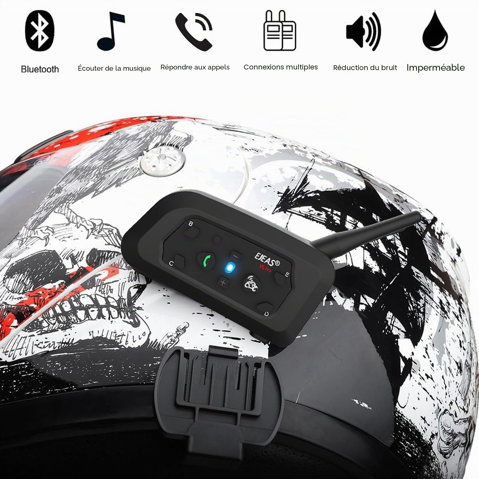 Ejeas V6 Pro Écouteurs interphone Bluetooth pour Moto, Gamme Communication Intercom de 1200 m, Alarme Casque pour Casque, etanchéité, Communication Entre 6 Personnes