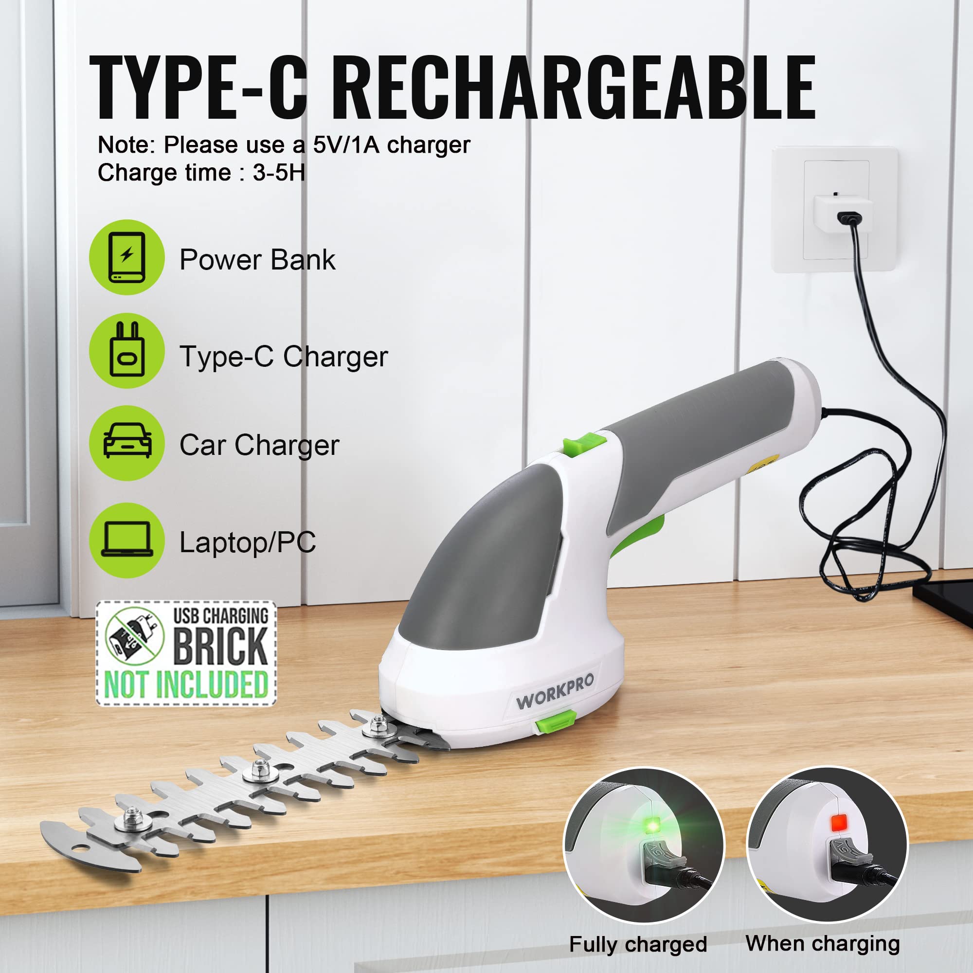 WORKPRO Cisaille Sculpte-Haie et Taille-Herbes sans Fil 7,2V | Cisaille à Gazon avec 2 Lames, Taille Haie Electrique 2 en 1 avec Batterie 2000 mAh, Câble de Charge
