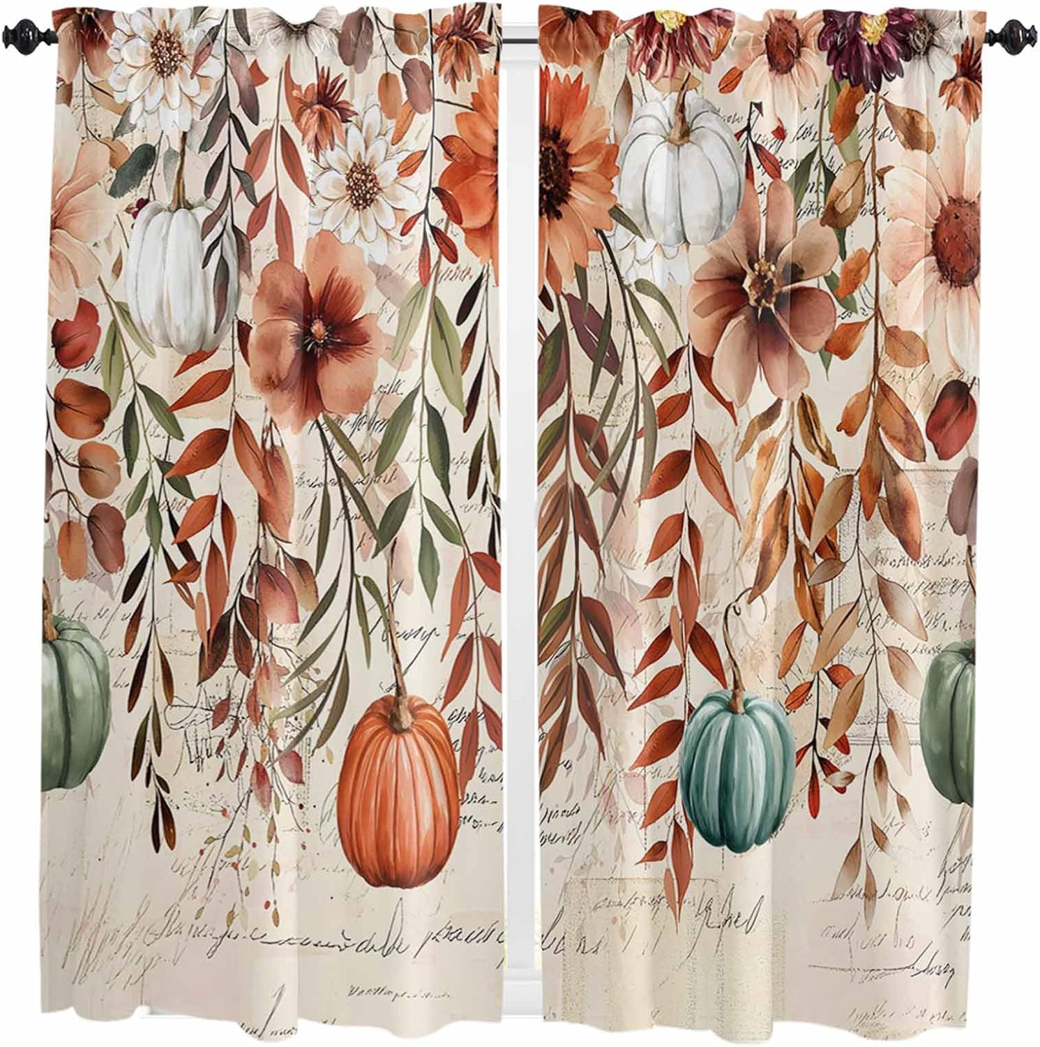 Orange Teal Fall Pumpkins Kitchen Curtains,Weeping Botanical Thanksgiving Vintage Light Filter Window Curtain Panels,2Pcs Rod Pocket Window Treatments Set for Living Room Bathroom Bedroom 42x63 Inches