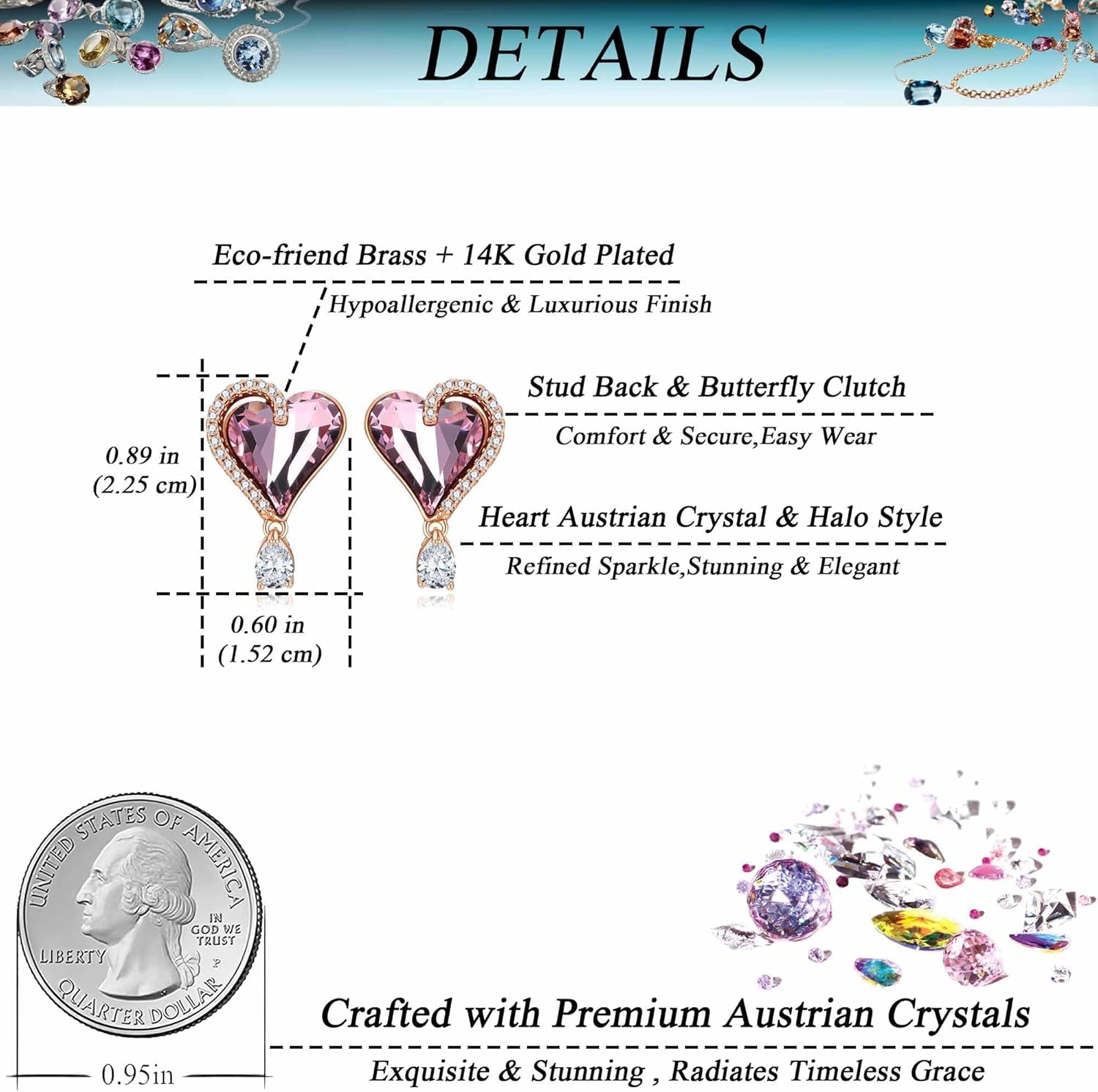 Austrian Crystal Heart Stud Earrings for Women Trendy Halo Drop Earrings 14K Gold Plated Hypoallergenic Jewelry - Image 5