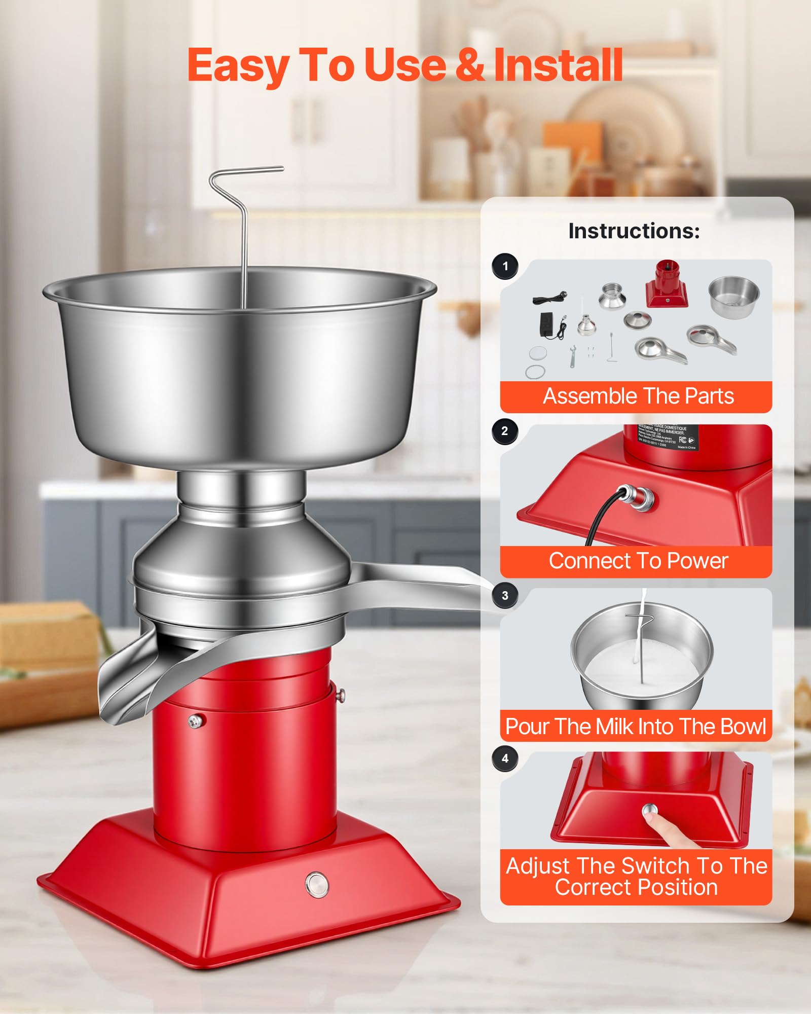 VEVOR Separatore di Latte Elettrico 40 W Centrifuga per Latte Elettrica 60 L/h Controllo a Pulsante, Separatore Panna 10500 giri/min Acciaio Inox 304 Centrifuga Panna con Serbatoio da 4,5 L da Cucina