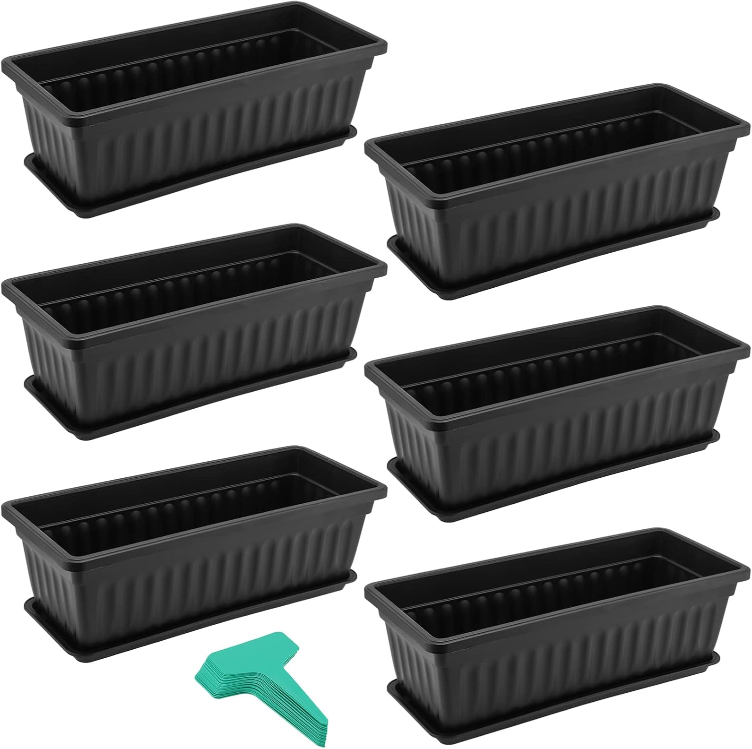 SINJEUN 6 Pack 17 Inch Rectangle Flower Window Box, Plastic Rectangular Vegetable Planters with Trays and Plant Labels, Rectangular Windowsill Planter for Porch, Balcony, Home Decor, Black