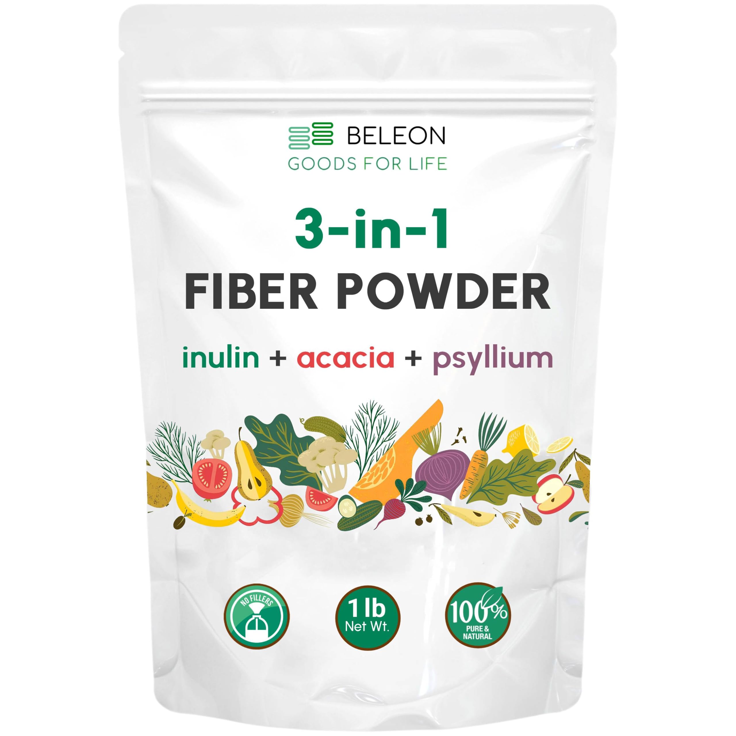 Fiber Powder 3 in 1 Blend 1 lb - Unflavored Fiber Supplement with Psyllium Husk, Inulin &amp; Acacia – Supports Microbiome &amp; Satiety