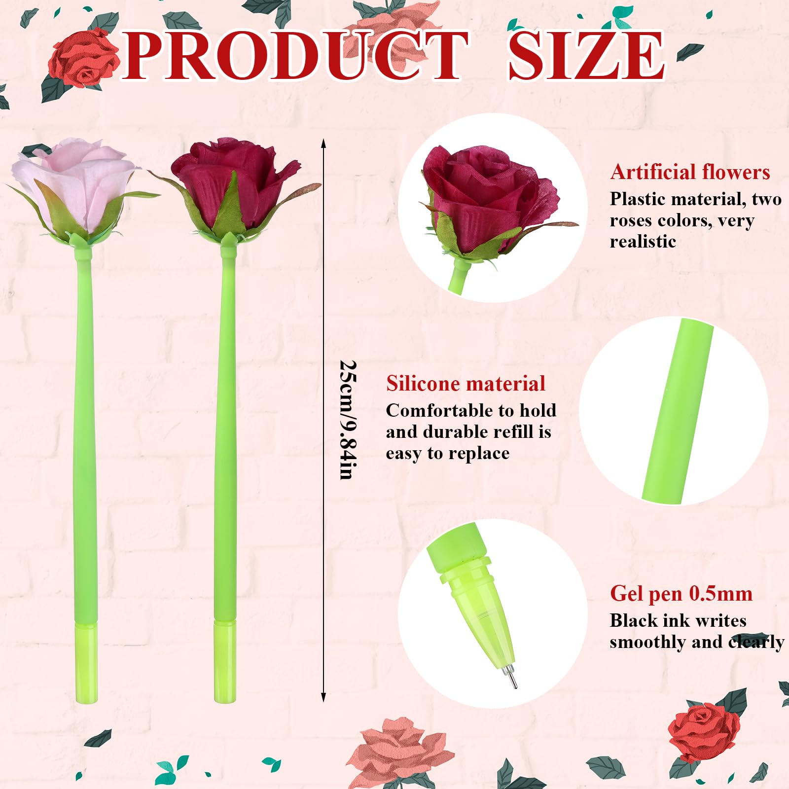 28 bolígrafos de flores artificiales con forma de rosa, bolígrafo negro de 0.5 mm, tinta de gel, bolígrafo de tinta de gel para el día de San Valentín, bolígrafos de tinta de gel para bodas,