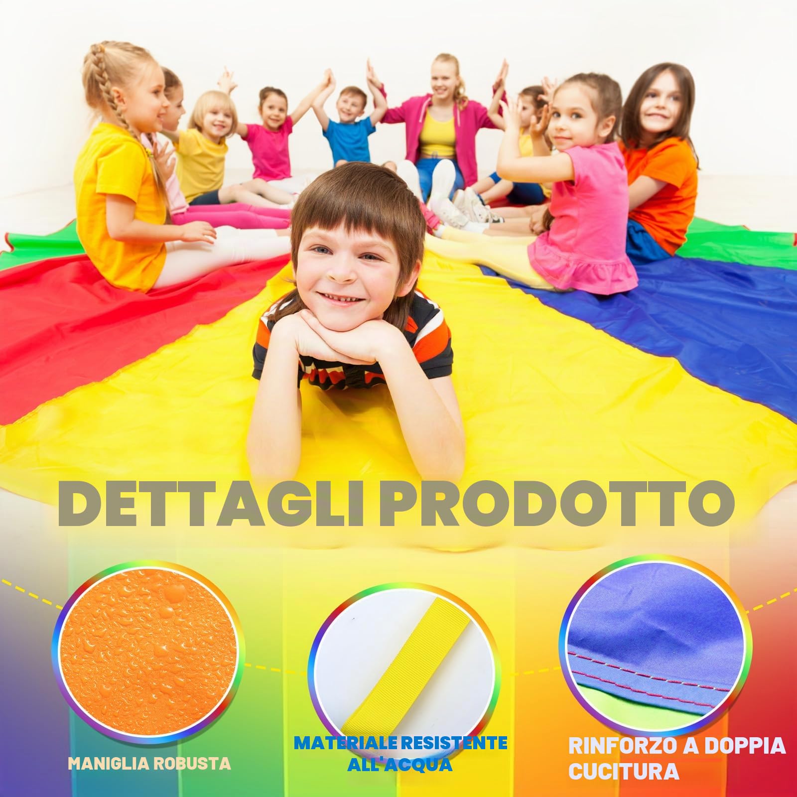 Paracadute Bambini Ø 300 cm Paracadute per Bambini - Giochi di Gruppo al Chiuso e All'Aperto per Eventi Scolastici e Feste di Compleanno