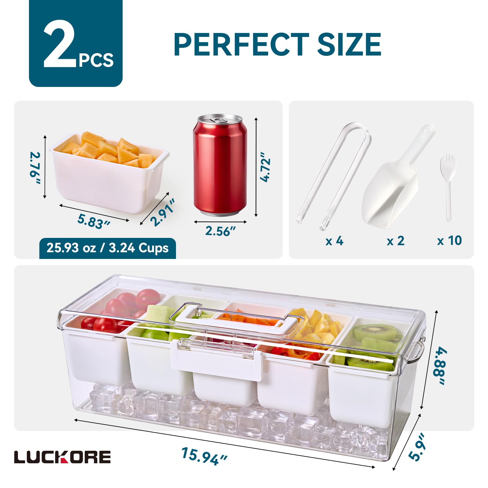 Lot de 2 plateaux à condiments réfrigérés avec 5 compartiments amovibles et poignée cachée, organisateur de condiments glacés, plateau de service transparent pour camping, fruits, salade