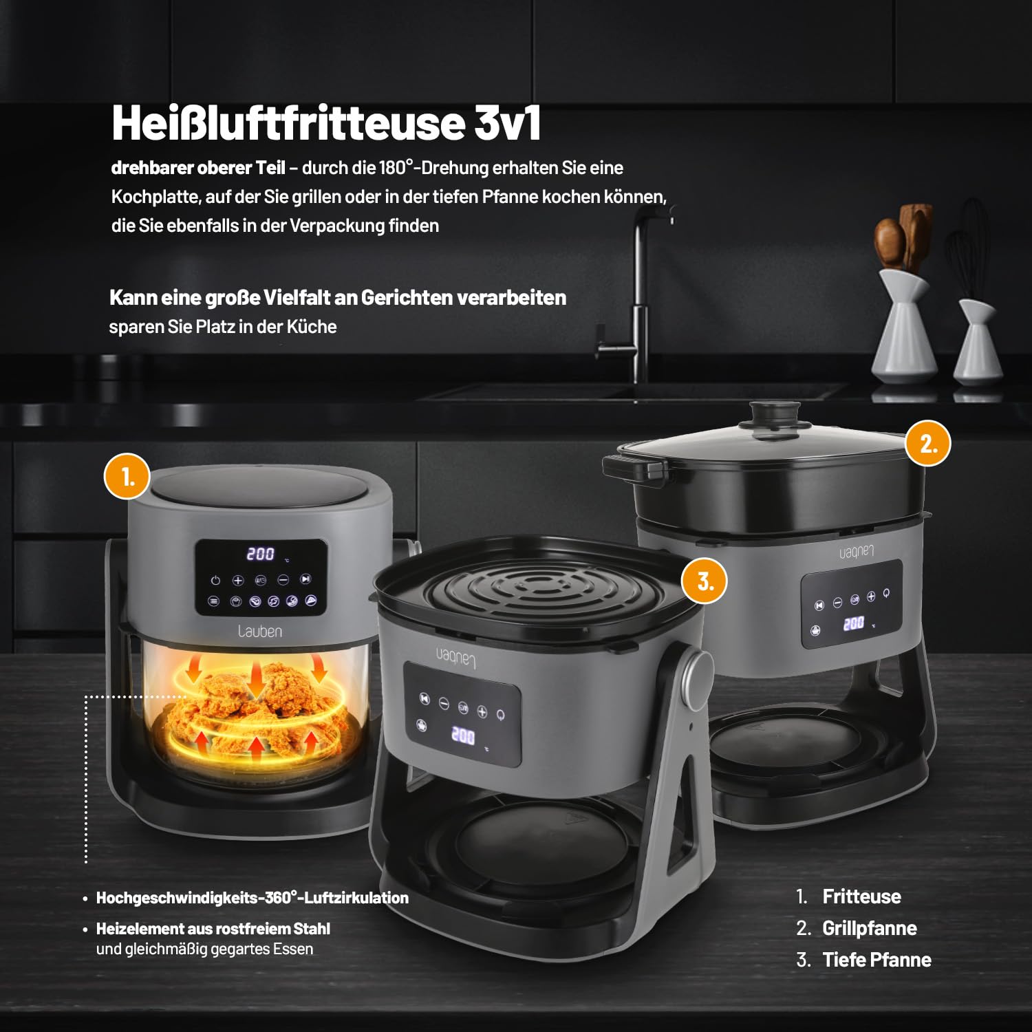 Lauben Glass&Grill Air Fryer 3 w 1 5500BG frytkownica na gorące powietrze o pojemności 4,2 l, kosz do smażenia ze szkła, 6 programów + ręczna regulacja, 3 w 1 – może być używana jako grill i patelnia