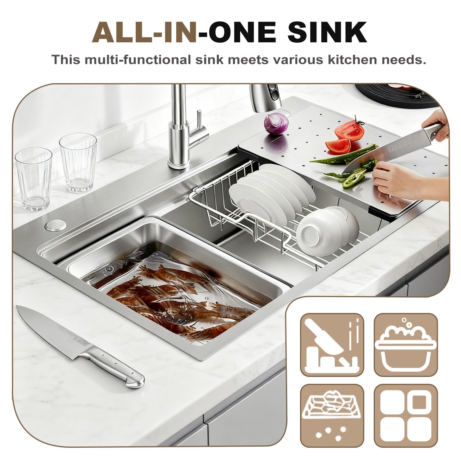 Fregadero de Cocina Profesional 85x50 de Acero Inoxidable con Revestimiento Nano, Seno Único Profundo 22cm, Diseño Artesanal Extra Grande con Colador y Accesorios de Desagüe.