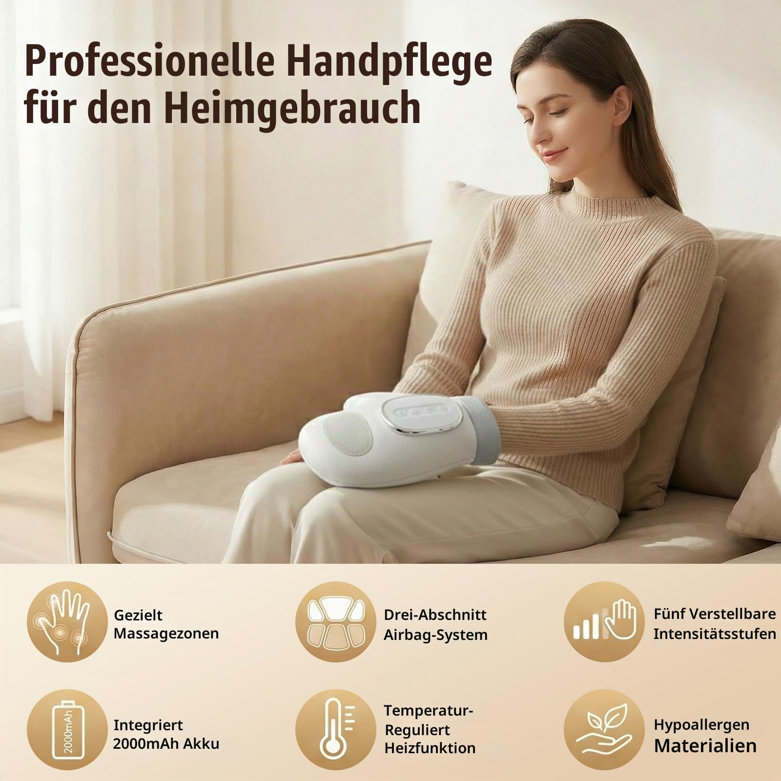 Elektrische Handmassagegeräte mit Heizfunktion – Wiederaufladbares Hand Massagegerät mit 3 Massagemodi & 5 Druckstufen für gezielte Therapie von Handgelenk und Fingern
