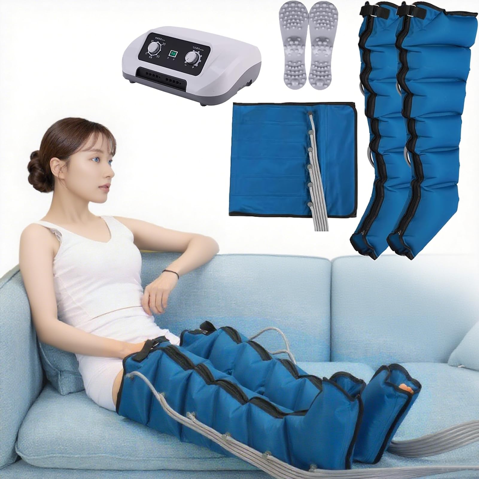 Massaggiatore Compressione d'Aria per Gambali e Addome, Massaggiatore Compressione D'Aria Per Vitelli, 6 Camere D'aria Pressoterapia Linfodrenaggio (Grigio, 2 gambe+vita)