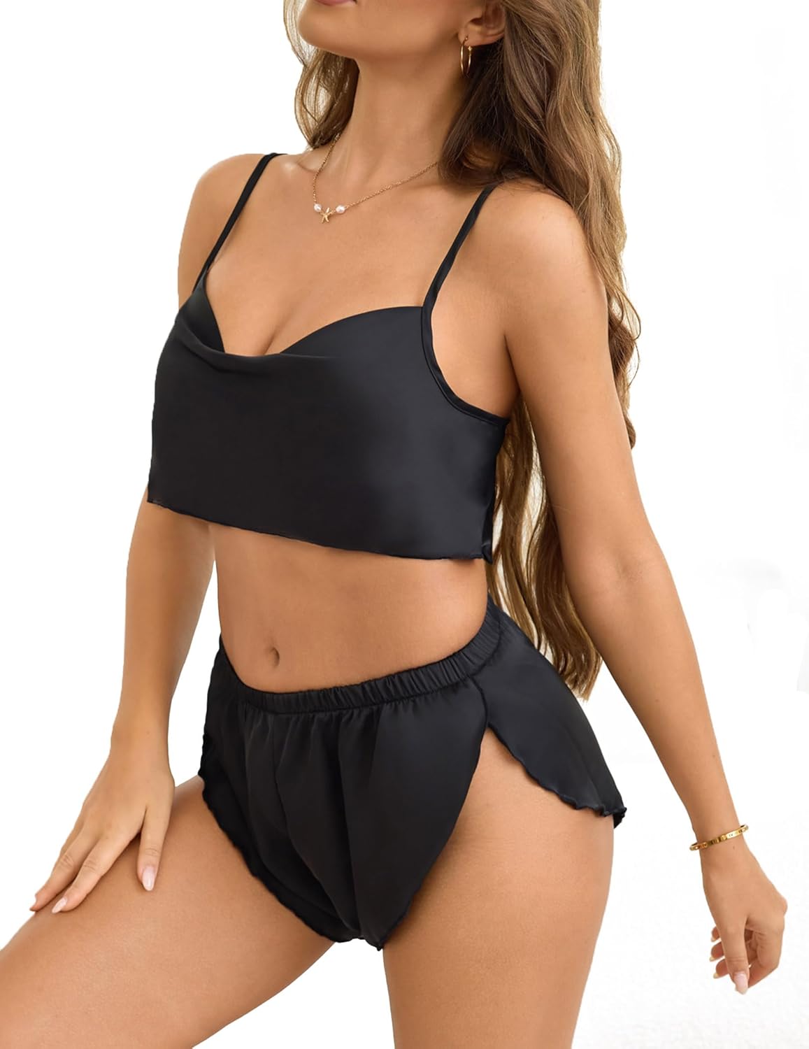 Fem&Fata Womens Satin Pajamas Set 2 Piece Cami Shorts Set Sexy Lace Lingerie Nightwear