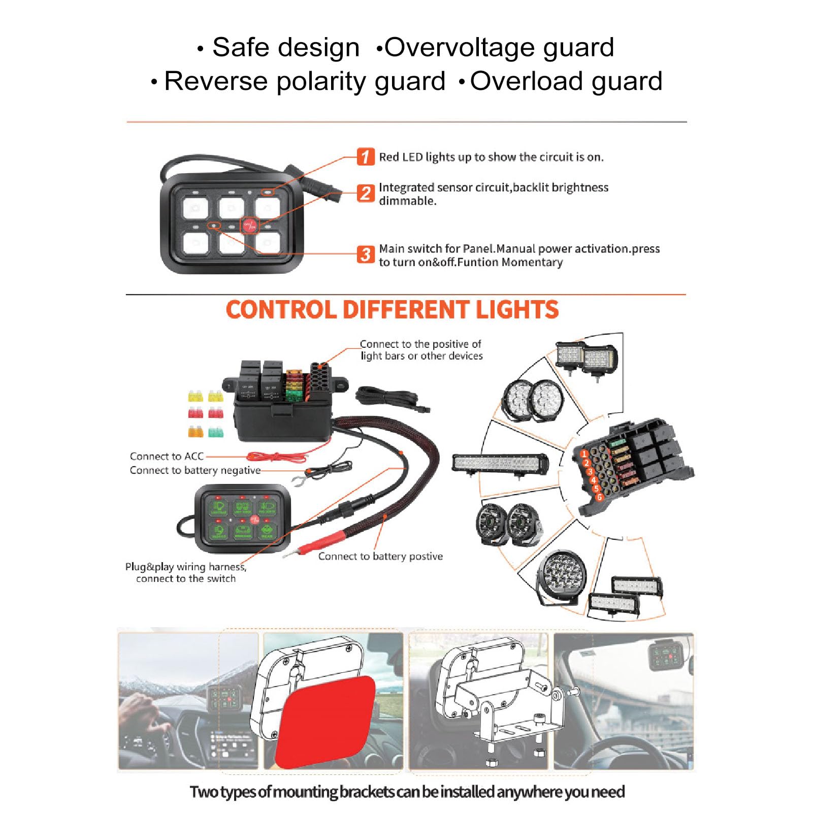 6 Panel de Interruptor de Pandillas Kit 6 Panel de Interruptor de 12V de 12V 6 Panel de Interruptor de Pandillas con una Luz de Fondo de Retroiluminable Enchufe y Juego de Brillo (luz Verde)