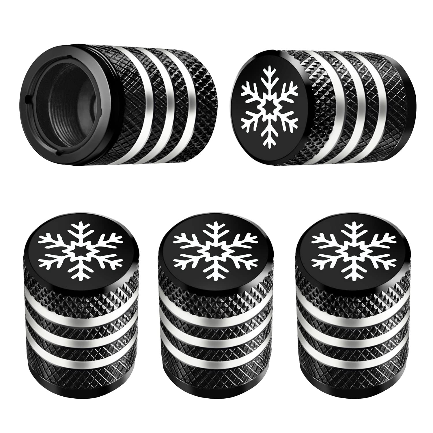 Tire Valve Stem Cap Cover - (5 Pack) Tire Air Caps Metal with Plastic Liner Corrosion Resistant Leak-Proof Snow Snowflake for Car Motorcycle Bike Black