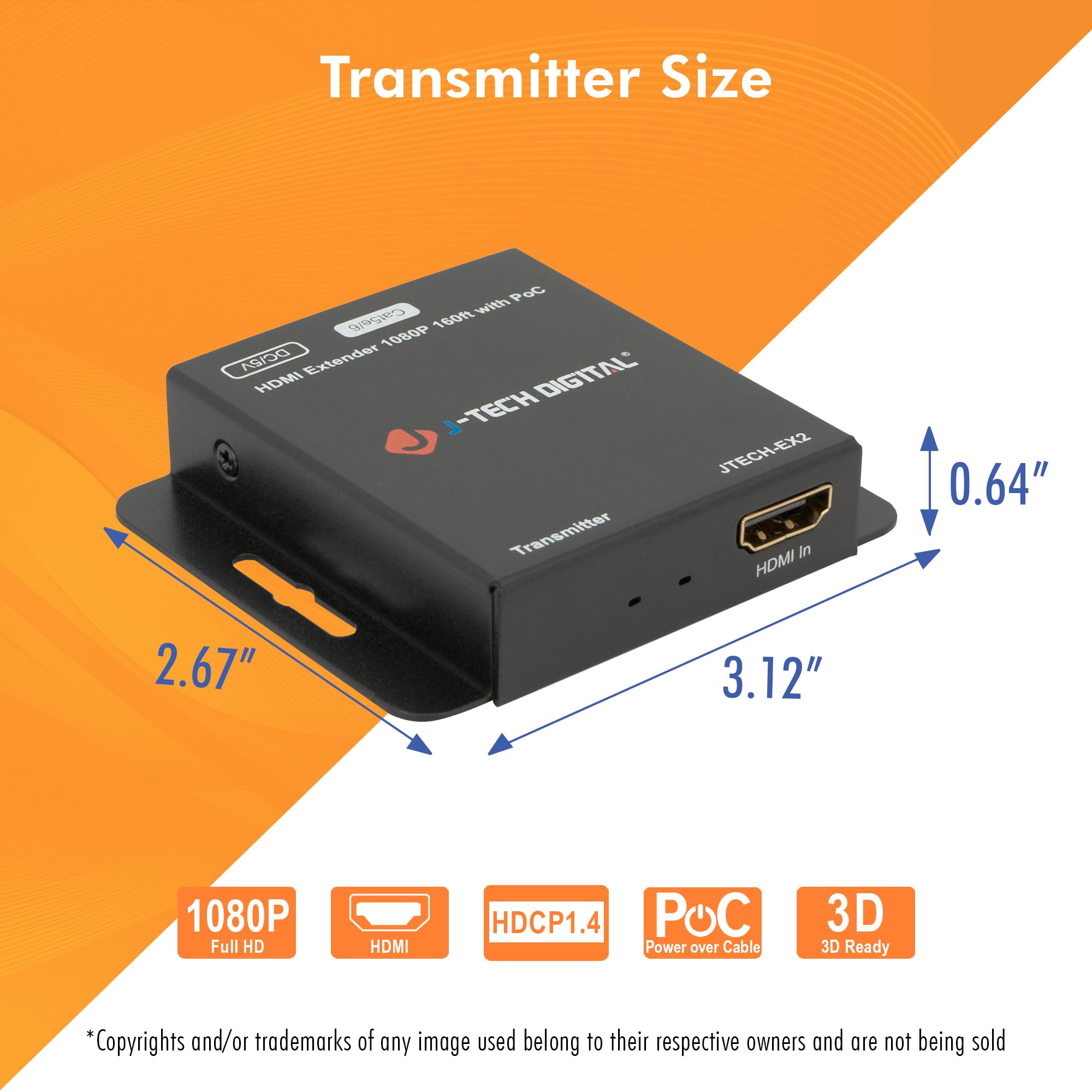 J-Tech Digital [JTECH-EX2] - Extender Ethernet HDMI 1080P 60Hz su singolo cavo Ethernet Cat5e/6/7 fino a 48,8 m, supporta PoC (Power Over Cable) audio digitale 3D Deep Color Zero perdita di segnale