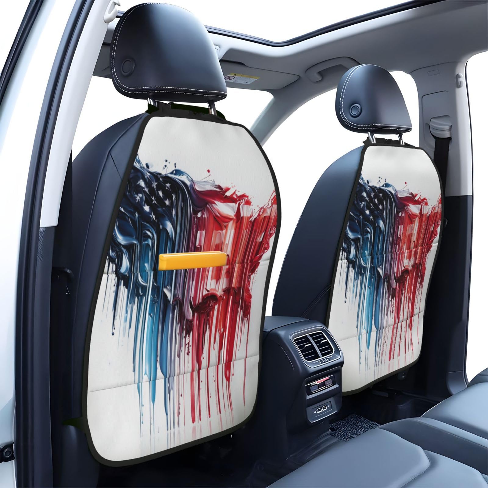 Melting American Flag United States Shape Car Seat Back Kick Protectors,2 Pack Kick Mats with Storage Pockets for Vehicles to Protect from Dirt Mud Scratches