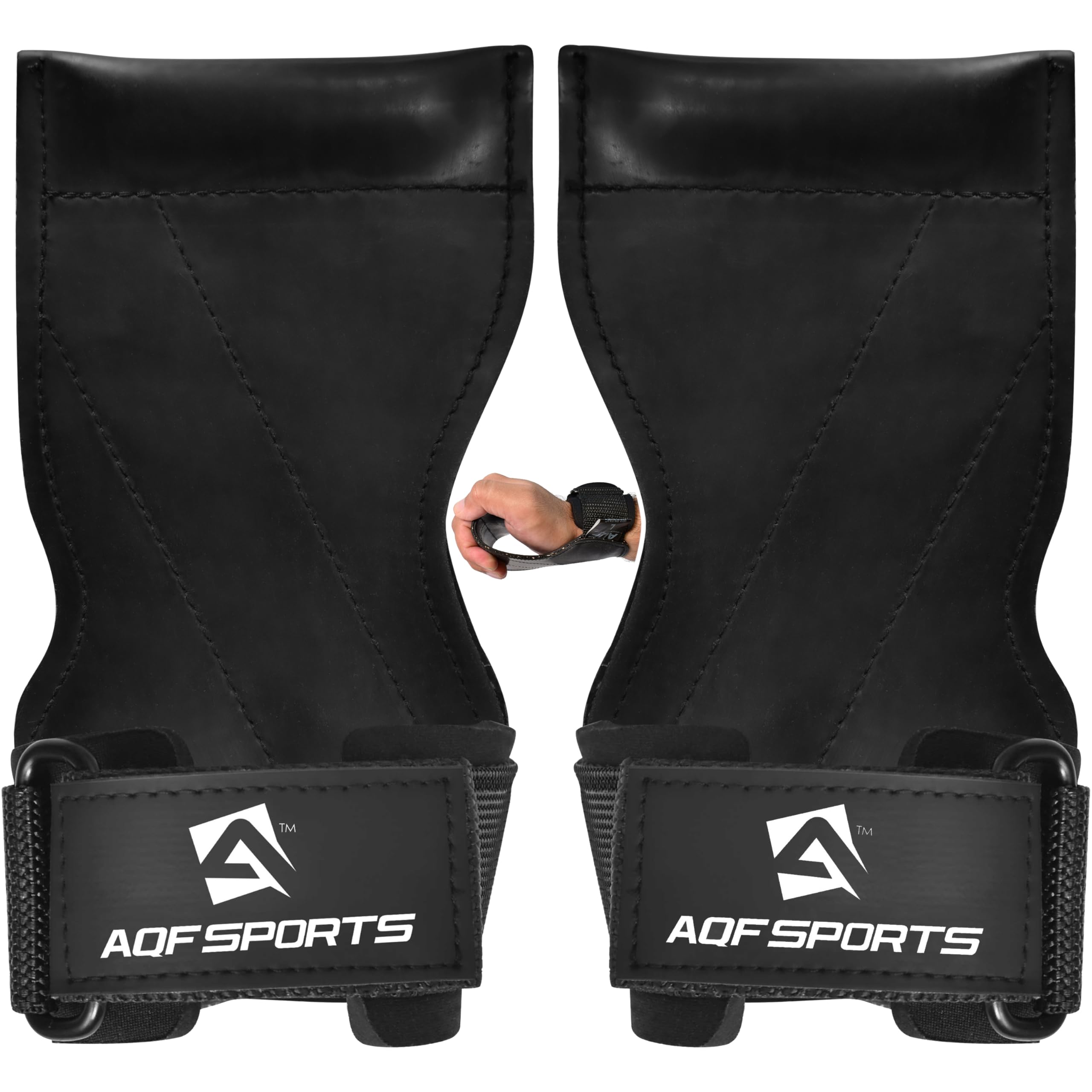 AQF Weight Lifting Hand Grips with Wrist Support – Anti-Slip Rubber Multi-Grip Straps/Hooks, Heavy Duty Gym Straps for Deadlifts, Pull-Ups, Powerlifting & Strength Training (Black, Large)