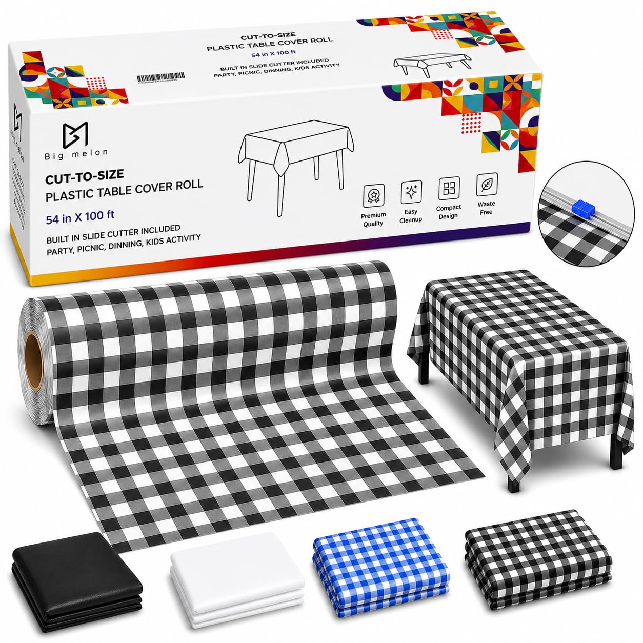 Photo 1 of Big Melon Table Cover Roll with Built-in Cutter, Premium Waterproof Plastic Tablecloth, Cut-to-Size Disposable Table Cover, Ideal for Birthday Parties, Picnic & Events (Black Gingham, 100 ft x 54 in)