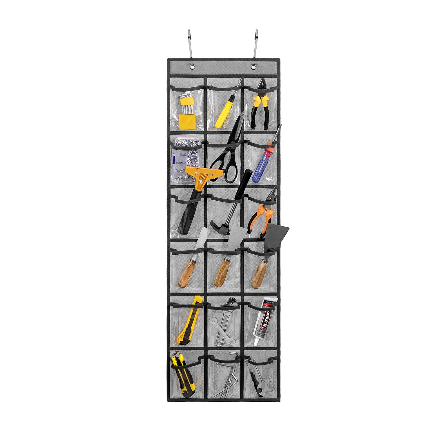 TEMUORG Over Door Hanging Tool Storage Bag Wall Mounted Screw Organizer Garage Accessories Organization with Clear Pockets (18 pockets)