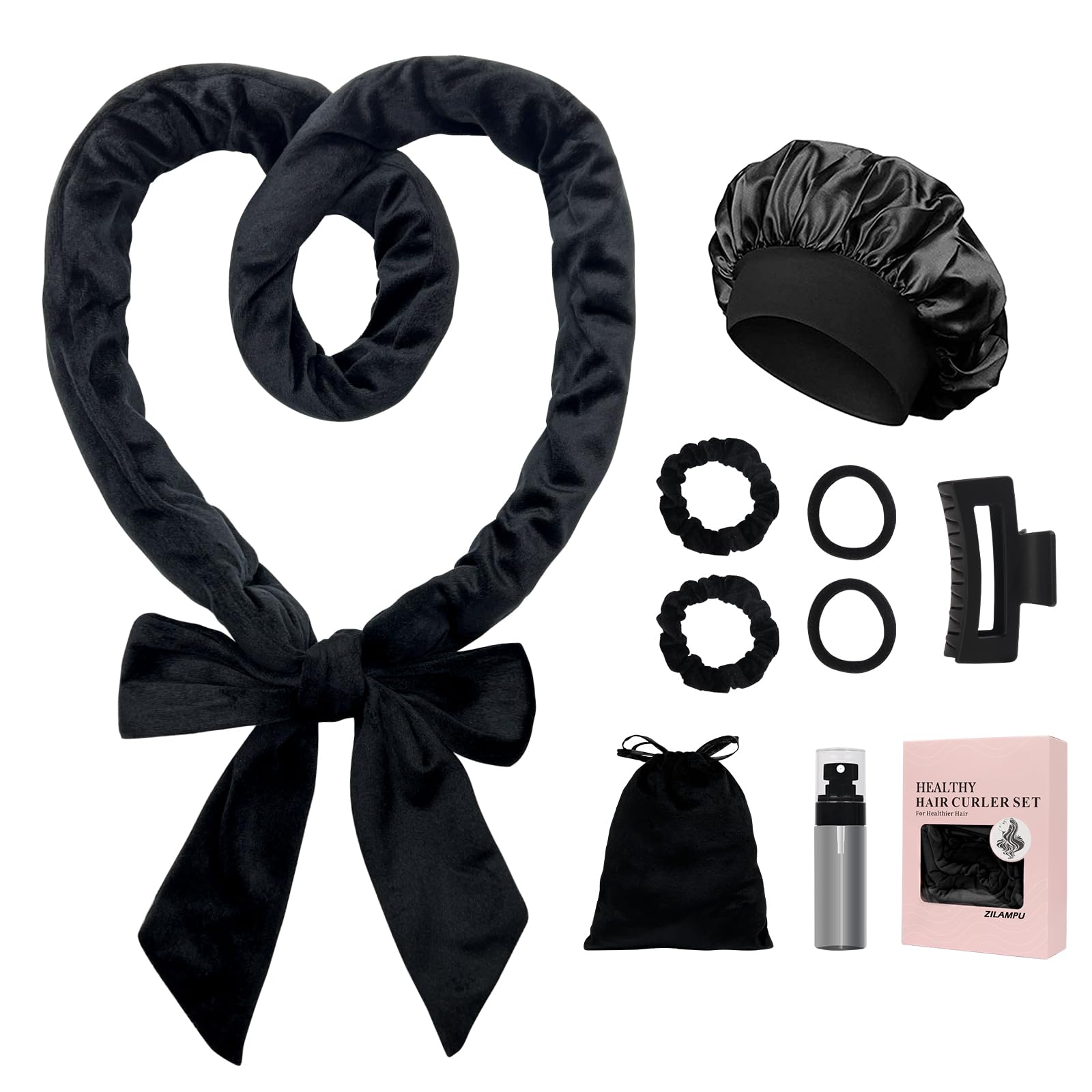 ZILAMPU No Heat Overnight Hair Curlers for Women - 70" Soft Headband Wrap with 9 Hair Rollers for Long Wavy Curls, Gift Set - Black