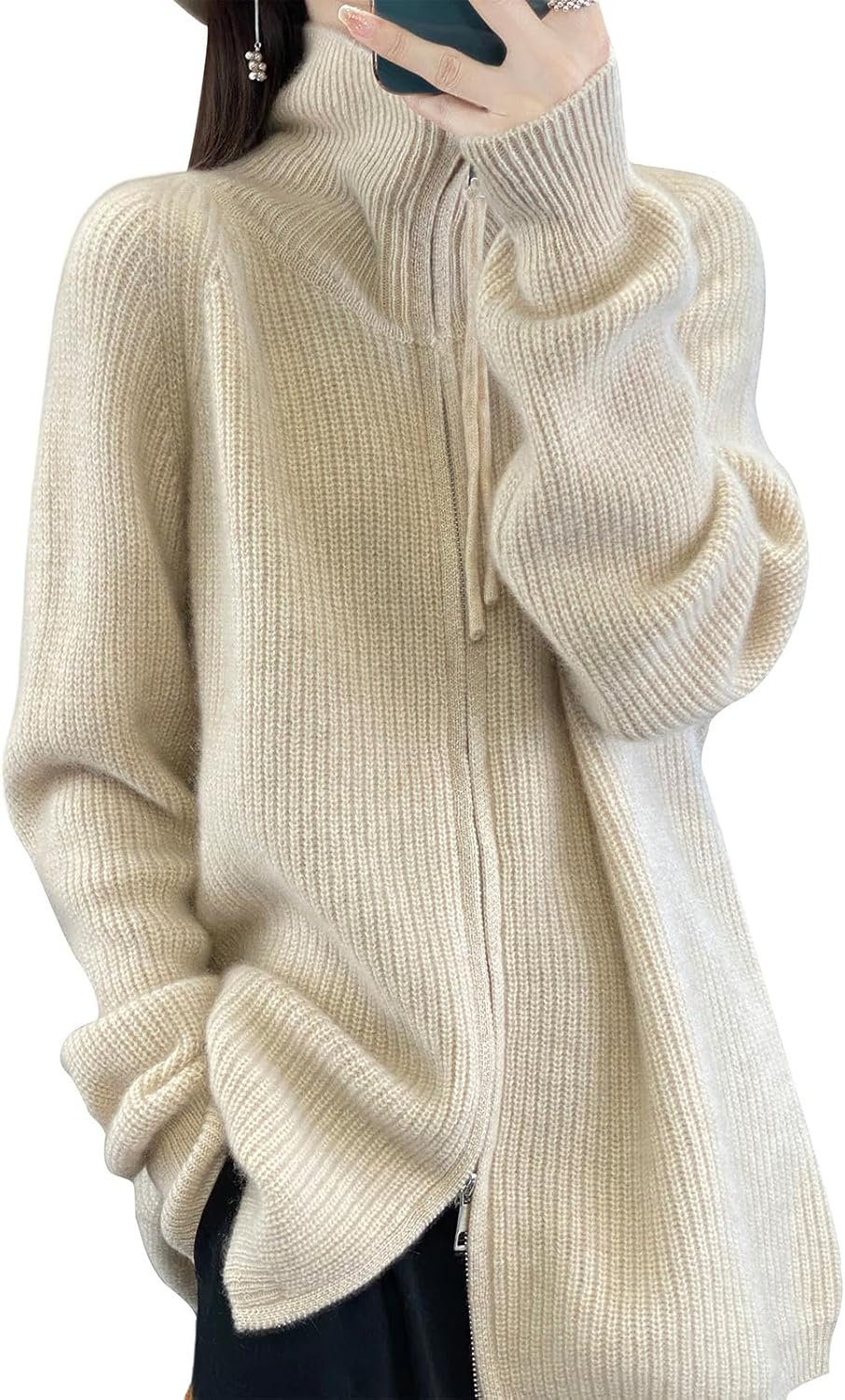 Women's 100% Merino Wool Zip Up Turtleneck 2025 Fall Winter Warm Long Sleeve Knit Cardigan with Coat