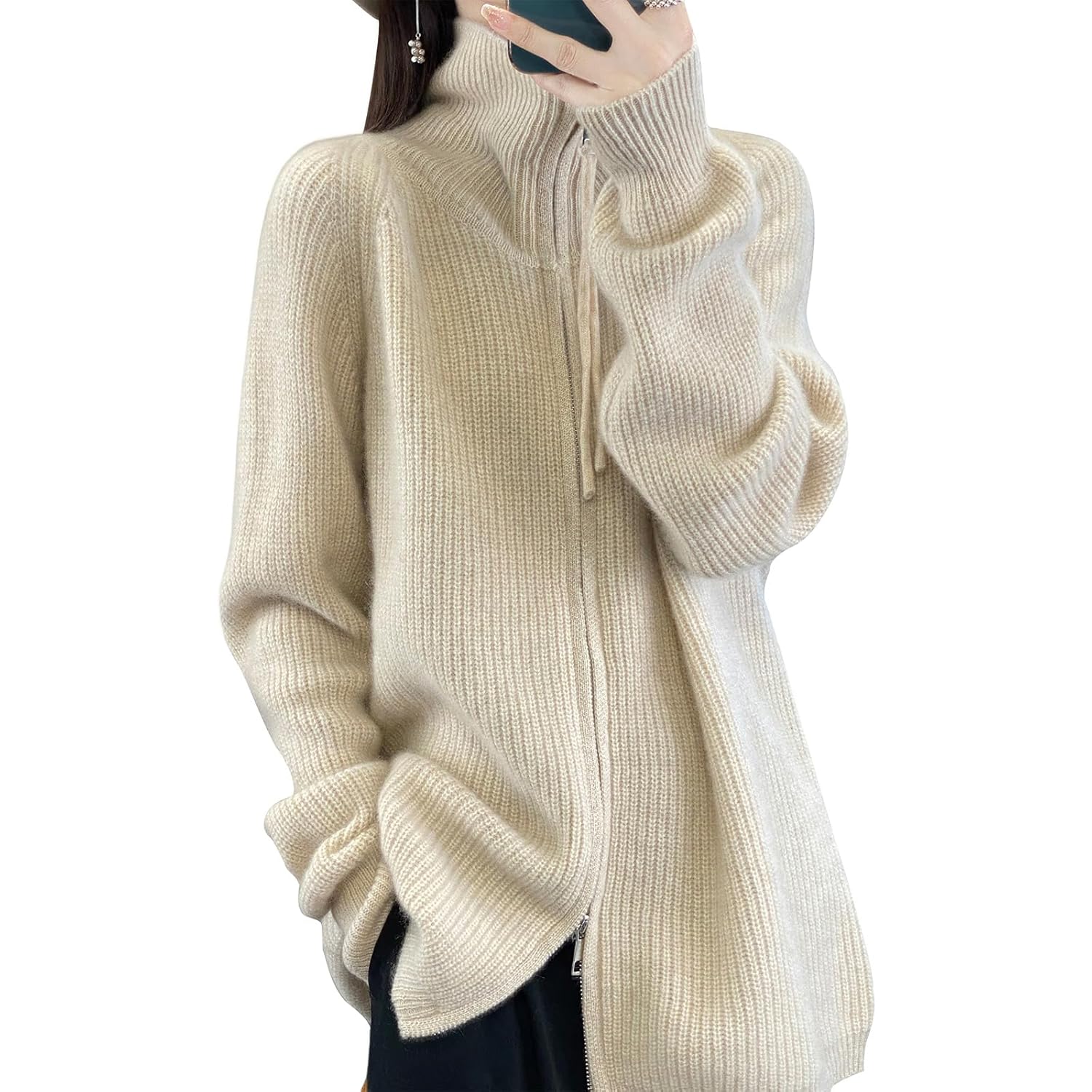 Womens 100 Merino Wool Zip Up Turtleneck 2025 Fall Winter Warm Long Sleeve Knit Cardigan with Coat