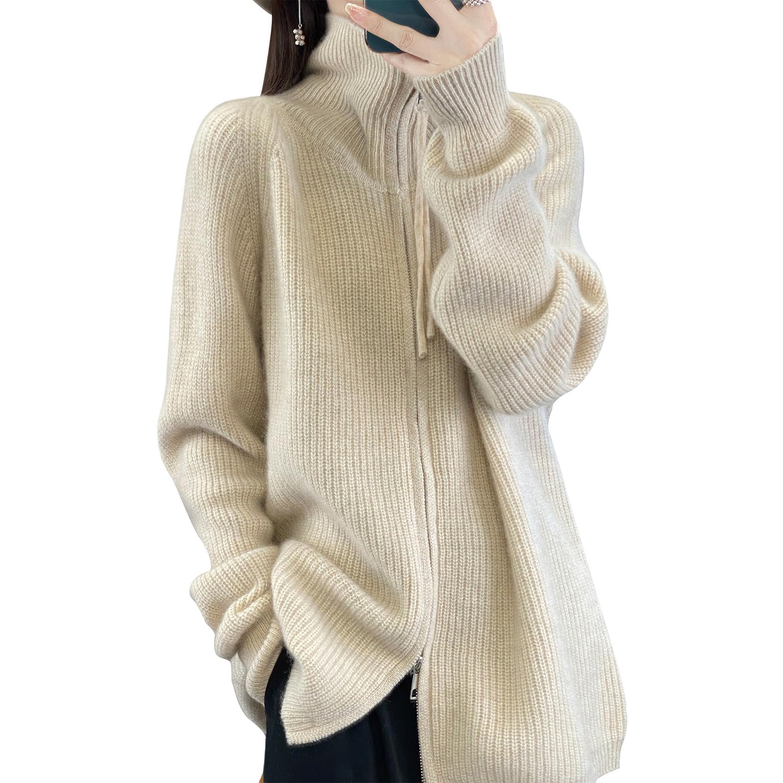 Womens 100 Merino Wool Zip Up Turtleneck 2025 Fall Winter Warm Long Sleeve Knit Cardigan with Coat