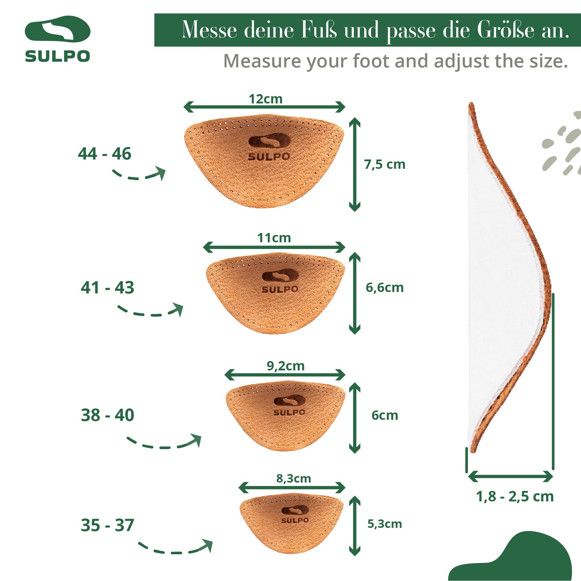 SULPO Solette ortopediche a cuneo - Solette scarpe - Solette in vera pelle per piedi piatti - Plantare piede piatto - Supporto dell'arco longitudinale - Supporto arco plantare - Metatarsale - 38-40