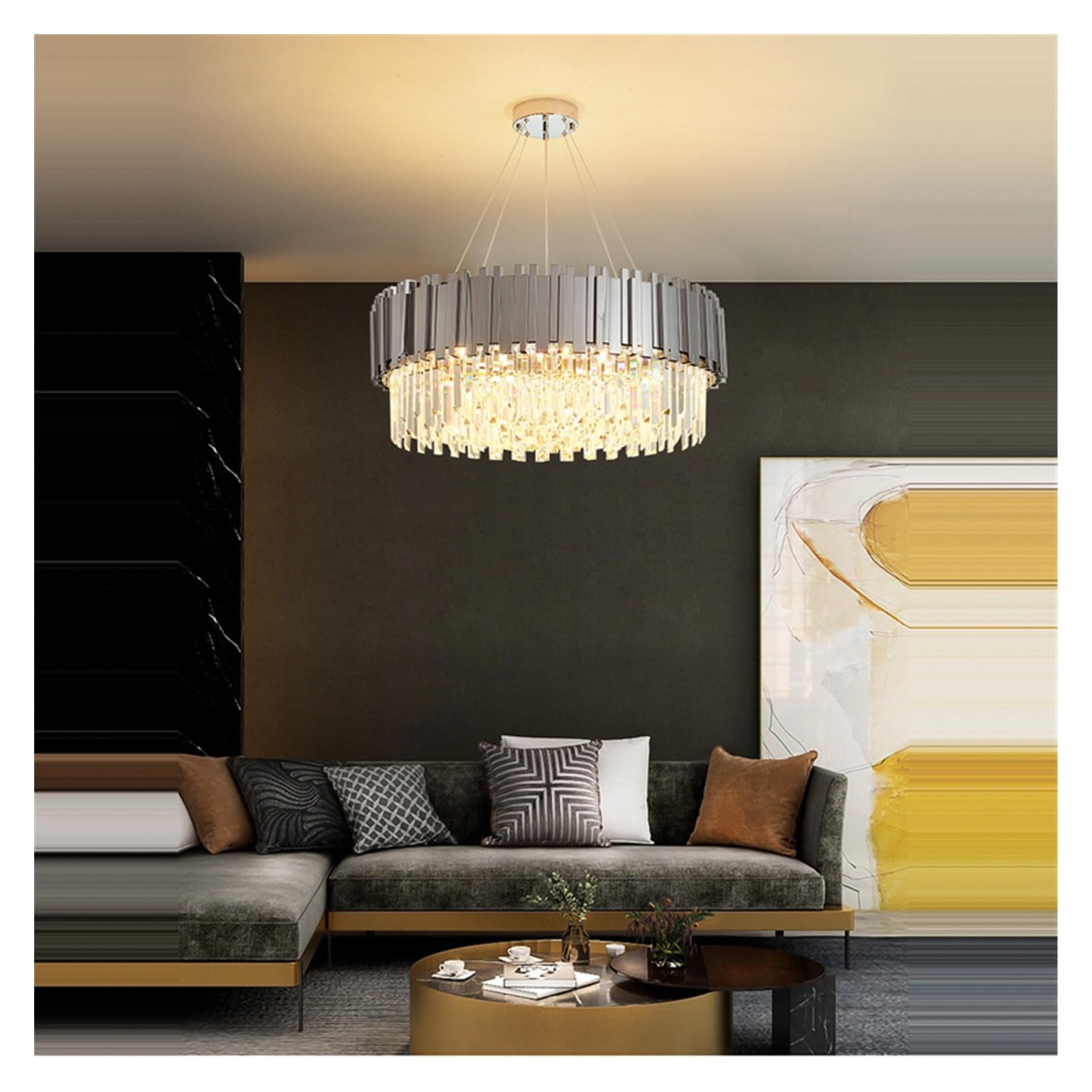 Lámpara de Techo LED cromada Dorada de 2 Capas con Cristales, lámpara Colgante de Tendencia 2025 para Sala de Estar (120 cm, Marco Plateado)