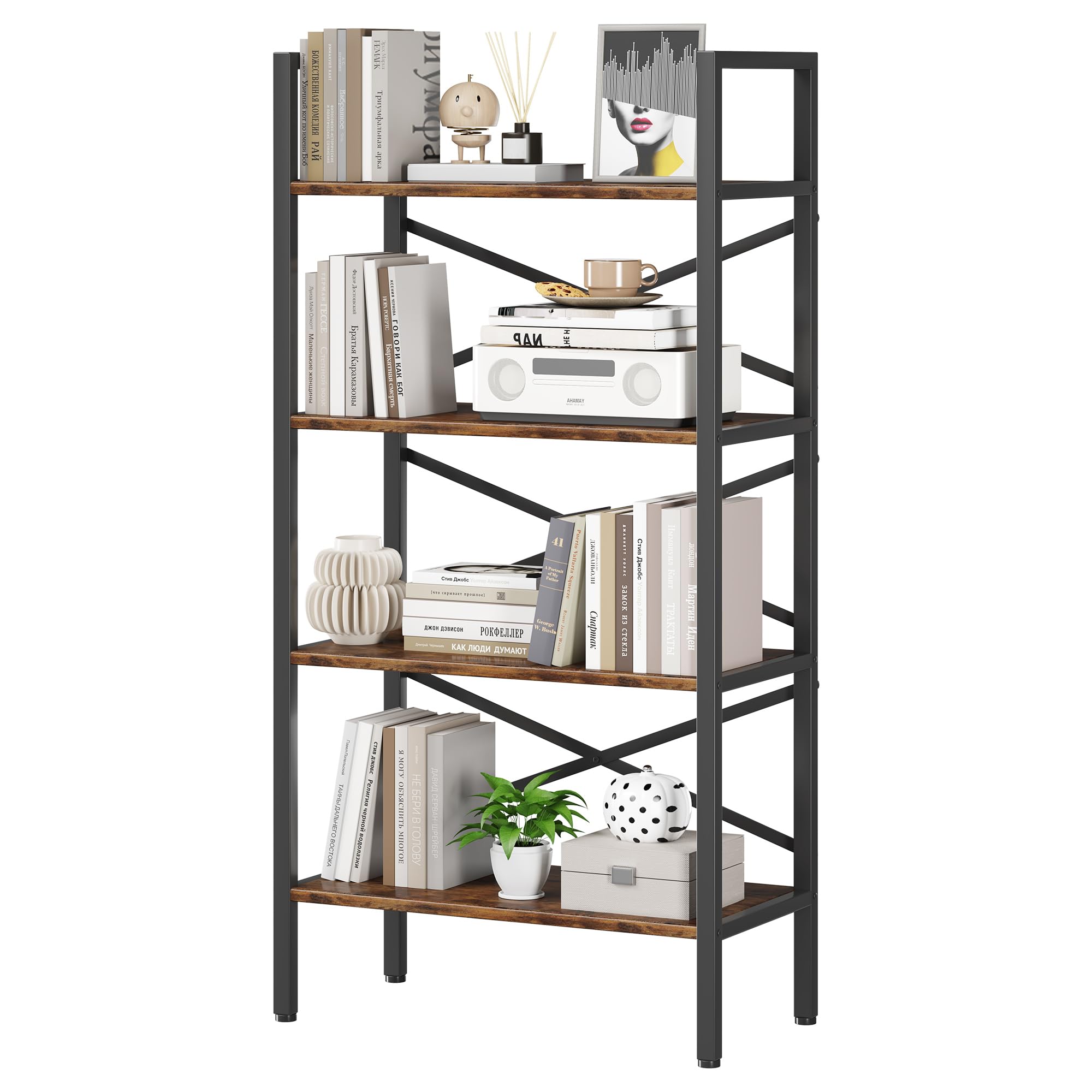 Homeiju 4 Tier Bookshelf 23.6" Width, Kids Bookshelf with Storage, Small Bookcase with Open Shelves, Storage Organization for Bedroom, Living Room and Home Office,Rustic Brown