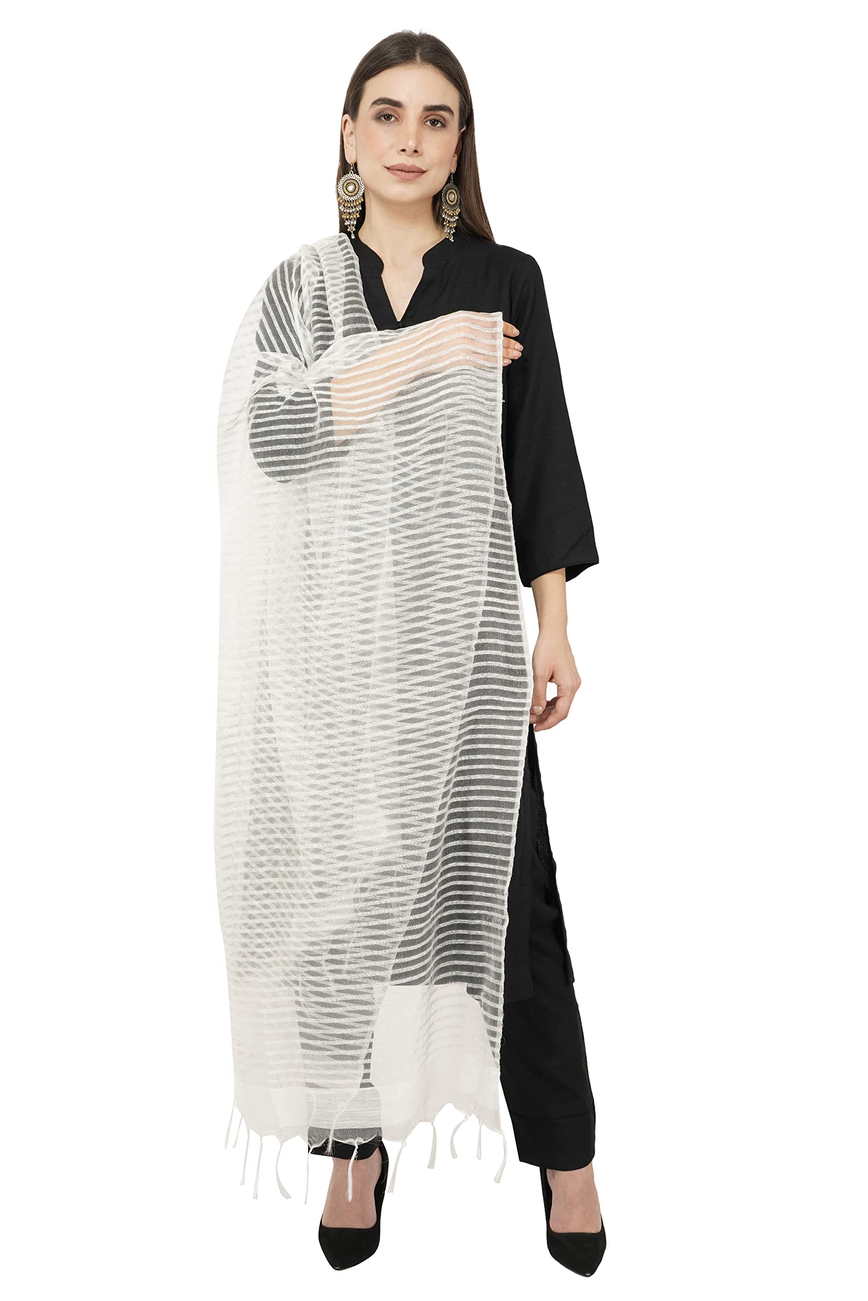 rhe-ana Women Art Silk Lurex Stole Dupatta for women | Stoles for Girls Stylish Latest | Shawl And Stall For Ladies With Silver Lurex Horizontal Stripes 30 x 85 Inches-picture-31
