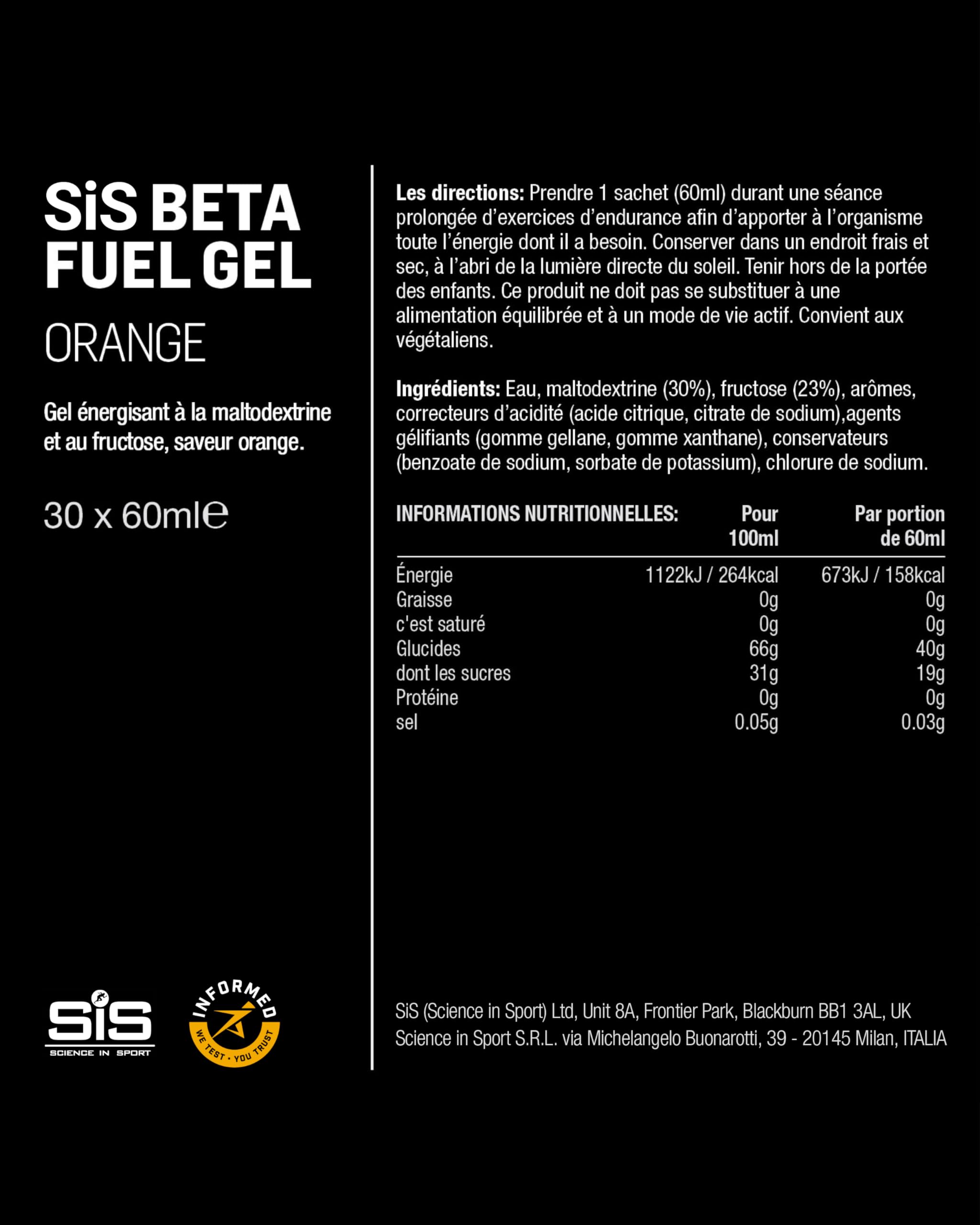Science in Sport BETA Fuel Dual Source Gel 30 x 60ml Orange - Gel énergétique riche en glucides avec 40g de glucides - gel énergétique facilement digestible pour des performances optimales