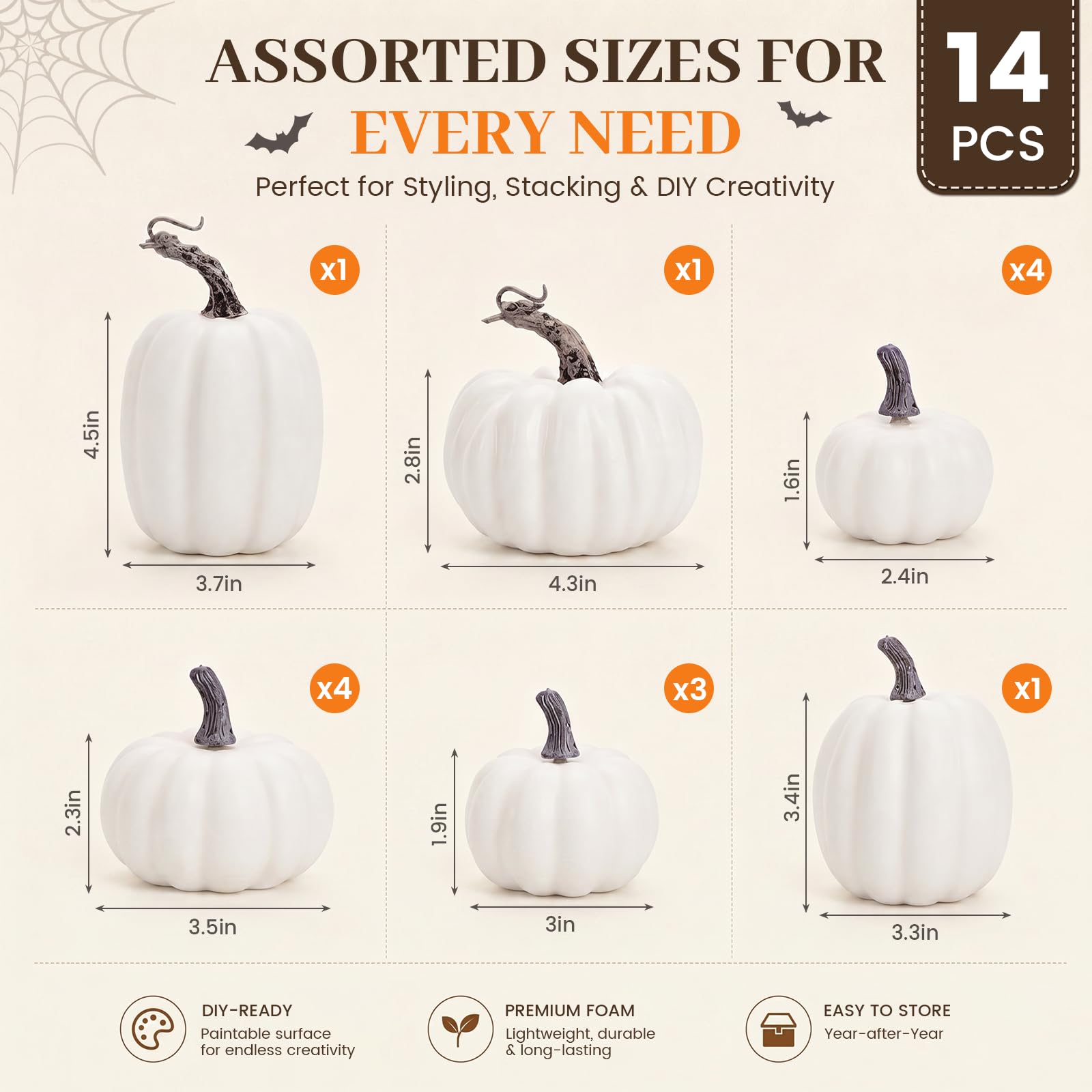 DomeStar 14 zucche artificiali bianche, dimensioni assortite, zucche in schiuma bianca, grandi zucche finte bianche, per decorazioni fai da te, autunno, Halloween, Ringraziamento